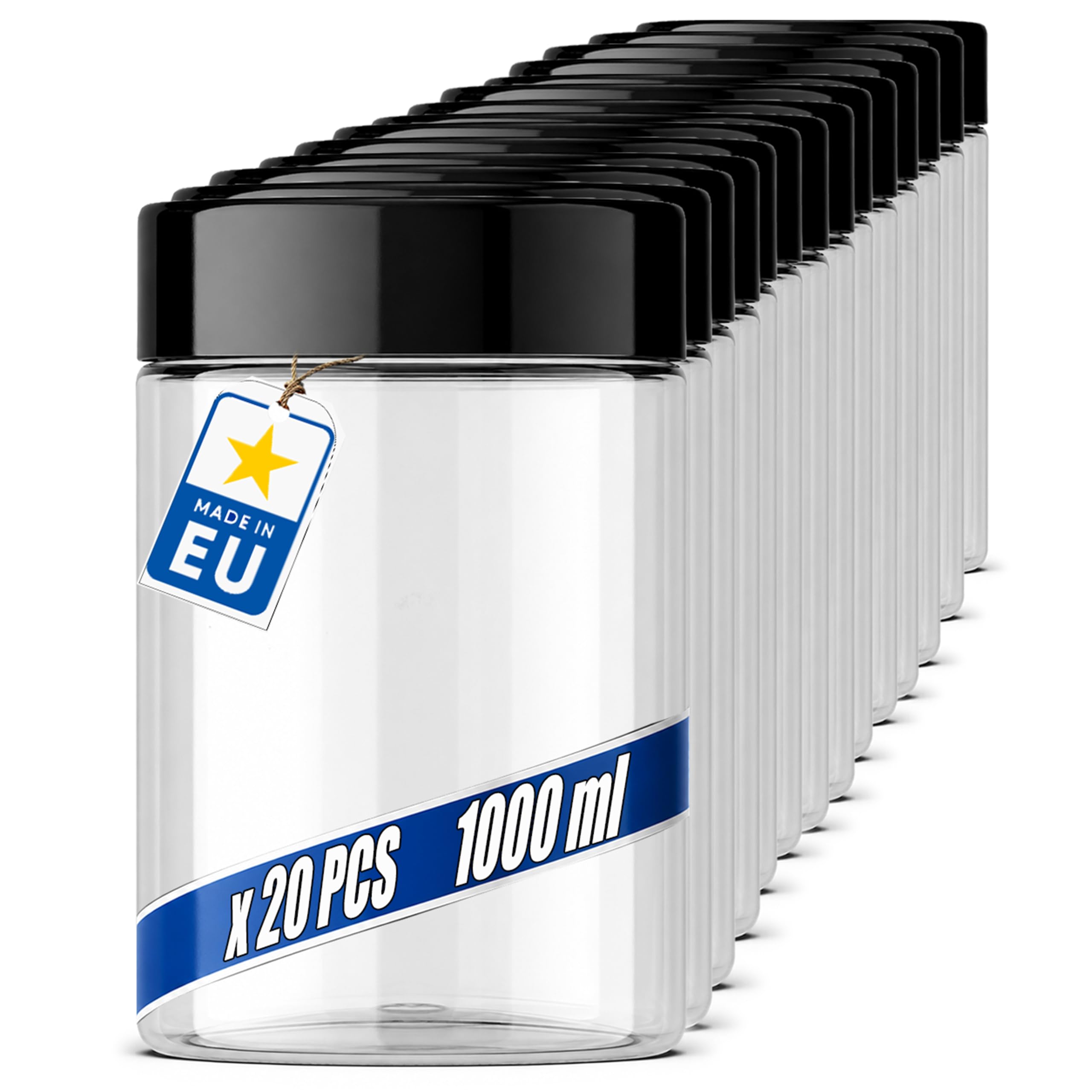 POSH Barattoli ermetici, 20 x 1 l, in PET per uso alimentare, con coperchio a vite nero, contenitori in plastica trasparente con coperchio, per farina, caffè, tè, barattolo rotondo in plastica