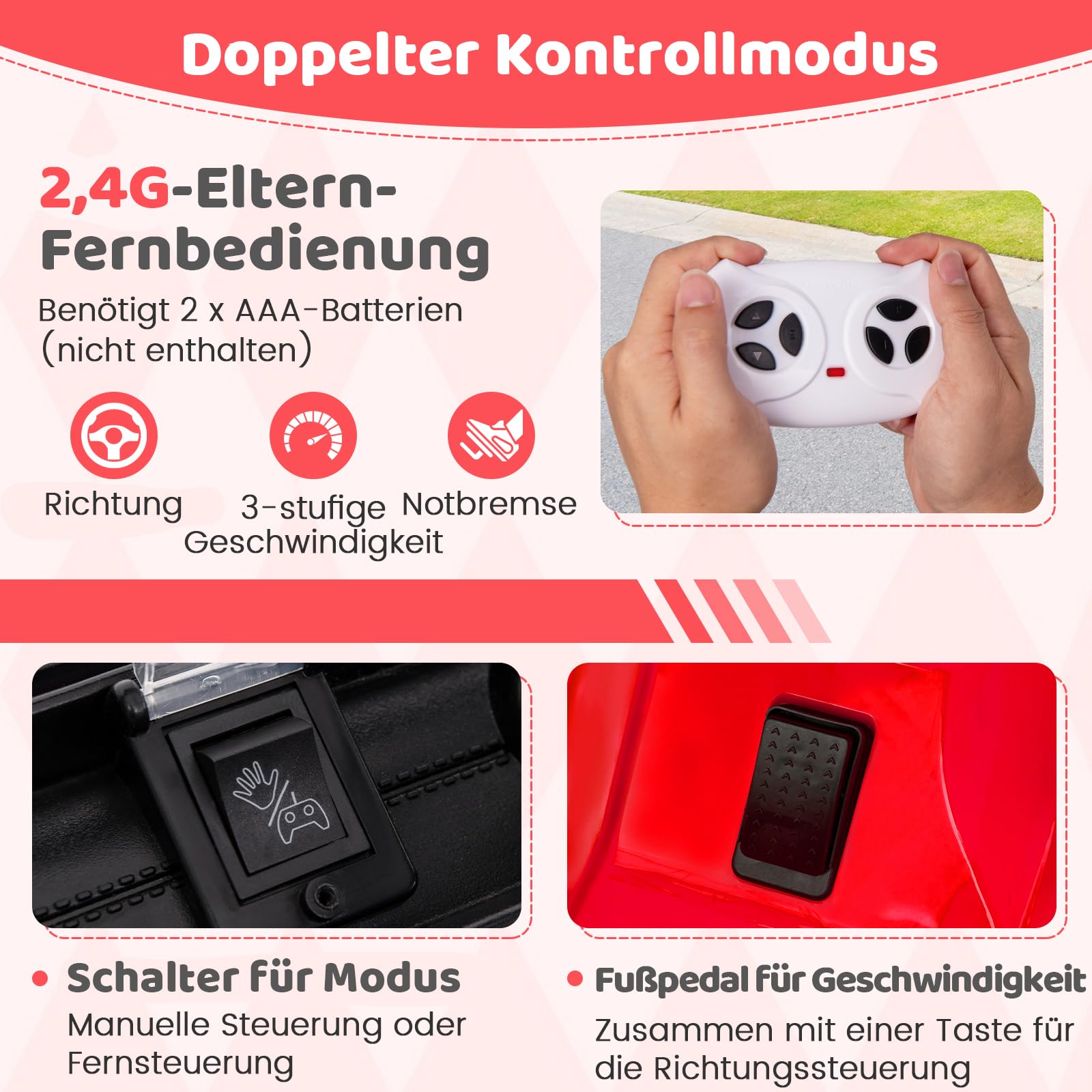 COSTWAY Elektroauto, 12V Kinderfahrzeug Elektrisch mit 2,4G Fernbedienung & USB & Licht & Musik, 1-5 km/h, für Kinder ab 3 Jahre (Rot)