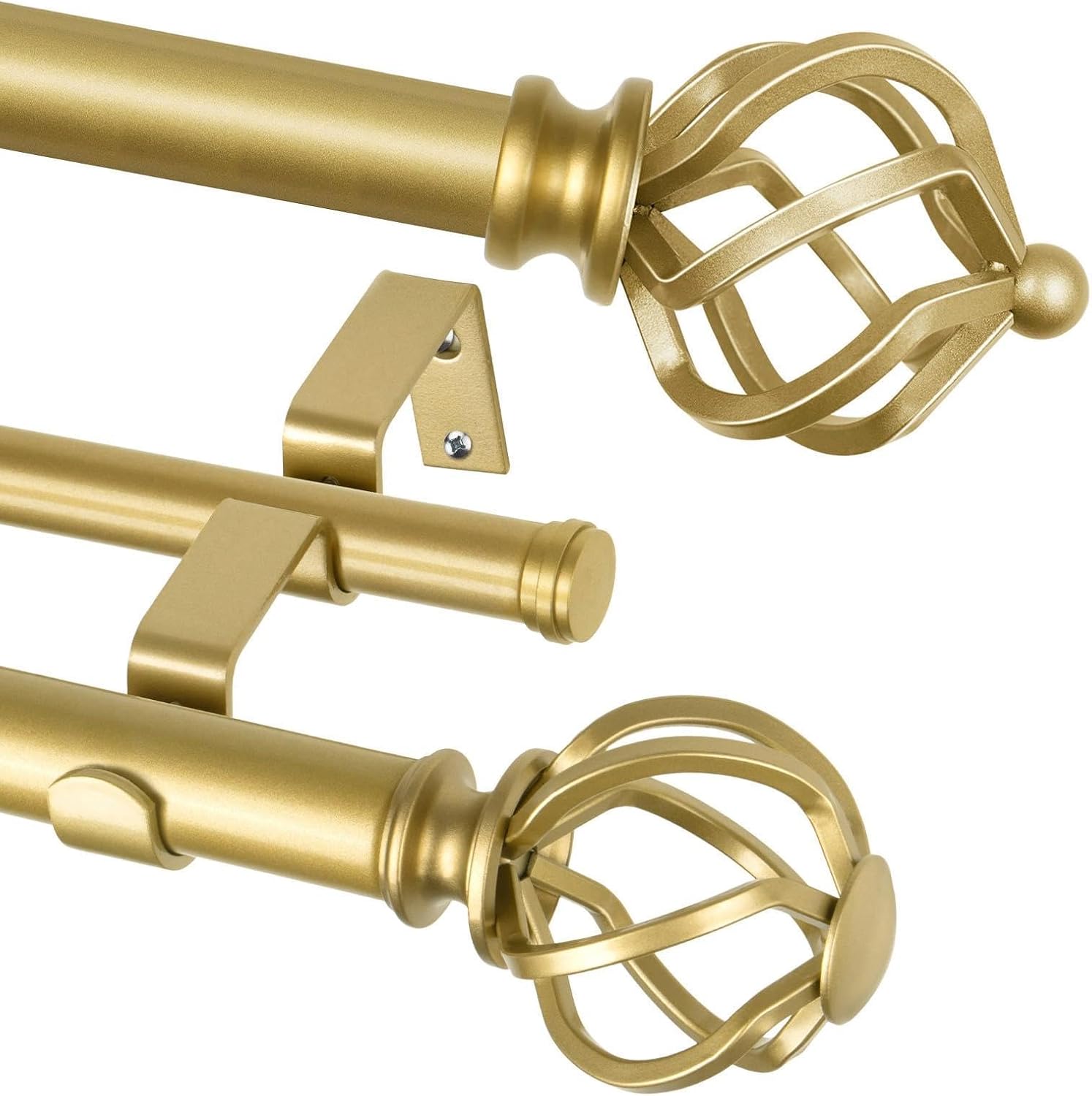 KAMANINA Bundle of 32 to 58 and 72 to 144 inches Curtain Rods, Twisted Cage Finial, Warm Gold
