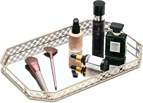 Miniatura 4 de Bandeja de espejo dorado, bandeja de perfume para tocador, bandejas doradas para baño y decoración del hogar, 11.6 x 7.7 x 1.2 pulgadas