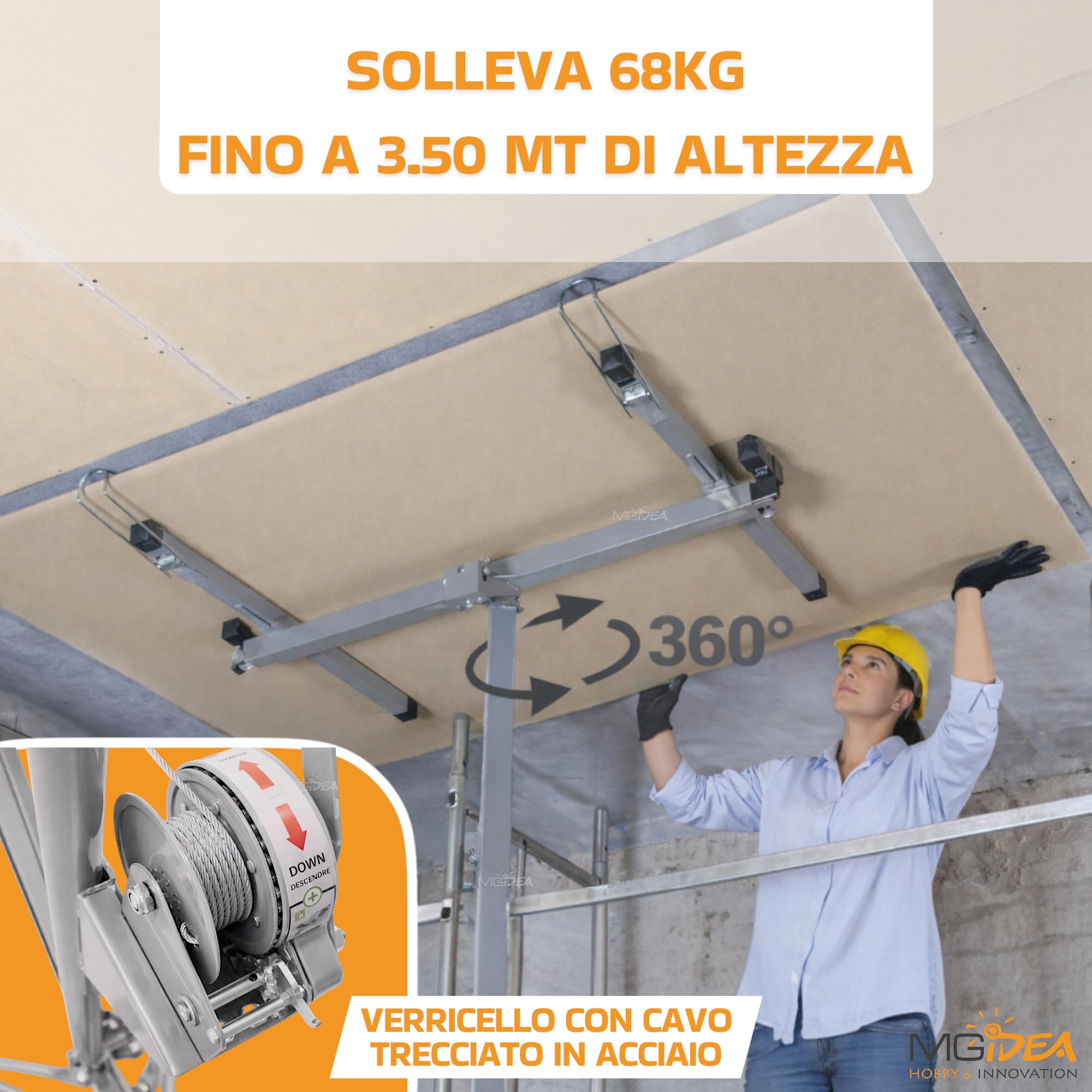 ALZA LASTRE SOLLEVATORE PANNELLI CARTONGESSO SUPPORTO REGOLABILE 68KG 3,5 M RICHIUDIBILE CON RUOTE BLOCCABILI ACCIAIO