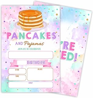 20 Slumber Birthday Invitations With Envelopes - Tie Dye Pancakes & Pajamas - Double-Sided Fill In Style Birthday Invite Cards For Kids, Boys & Girls, Party Favor & Decorations - B02