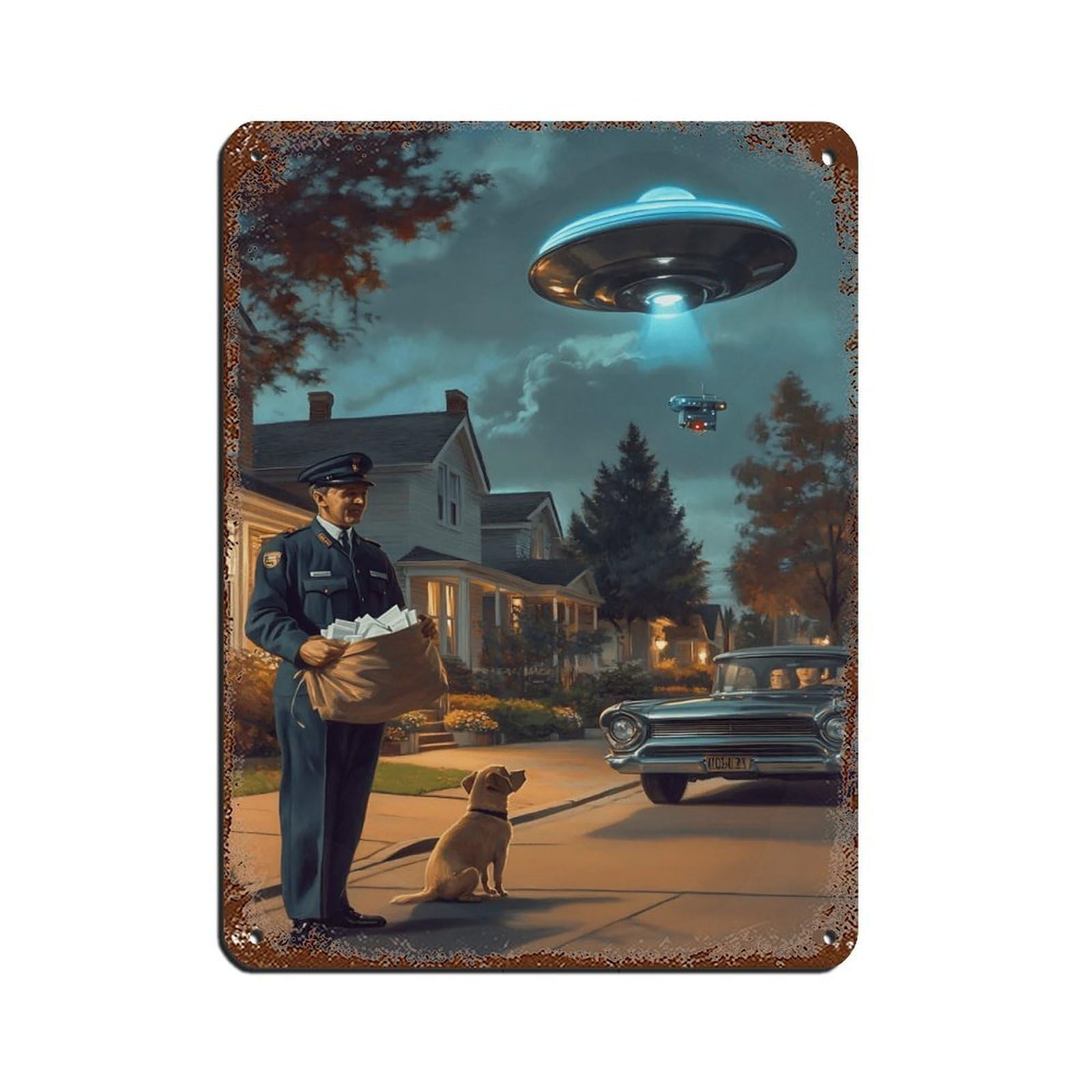 Vintage UFO Encounter, Retro Sci-Fi Tin Sign Vintage Metal Pub Club Cafe Bar Home Wall Art Decoration Poster Retro 12x16inch(30x40cm)