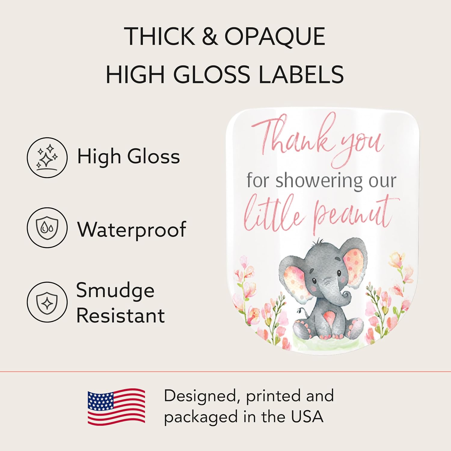 30 Pack 1 oz Mini Hand Sanitizer Labels for Baby Shower – Thank You for Showering Our Little Peanut Favor Stickers, High Gloss Waterproof It’s a Girl Pink Elephant Baby Shower Party Favors S530-1