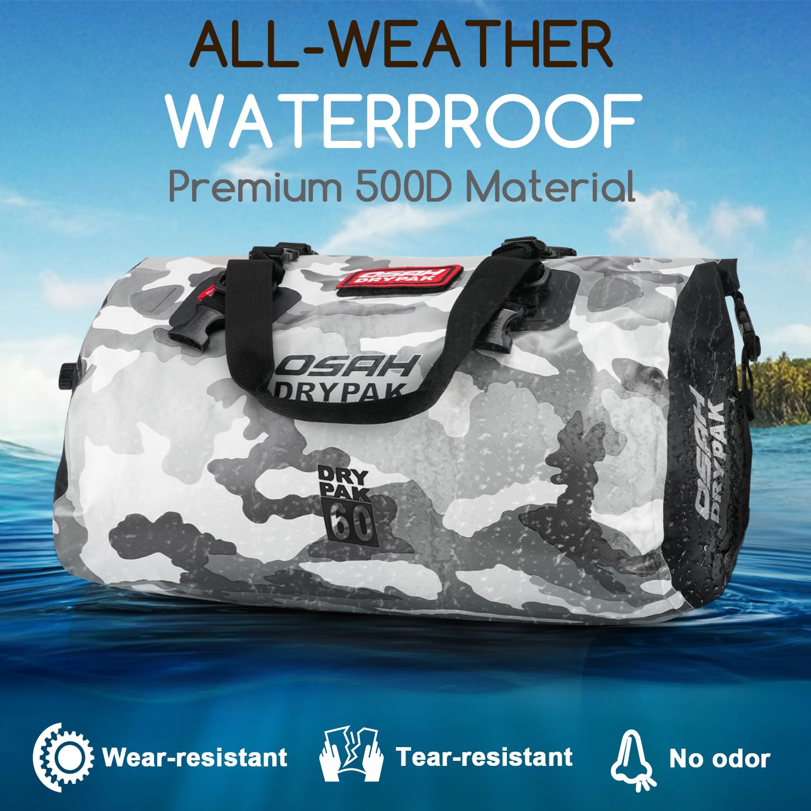 OSAH DRYPAK Bolso de Lona Impermeable - Bolsa Trasera estanca para Moto con Gran Espacio, Equipaje Impermeable con Bolsillo Exterior de Malla con Cremallera para Acampada, Kayak, Pesca y Viajes