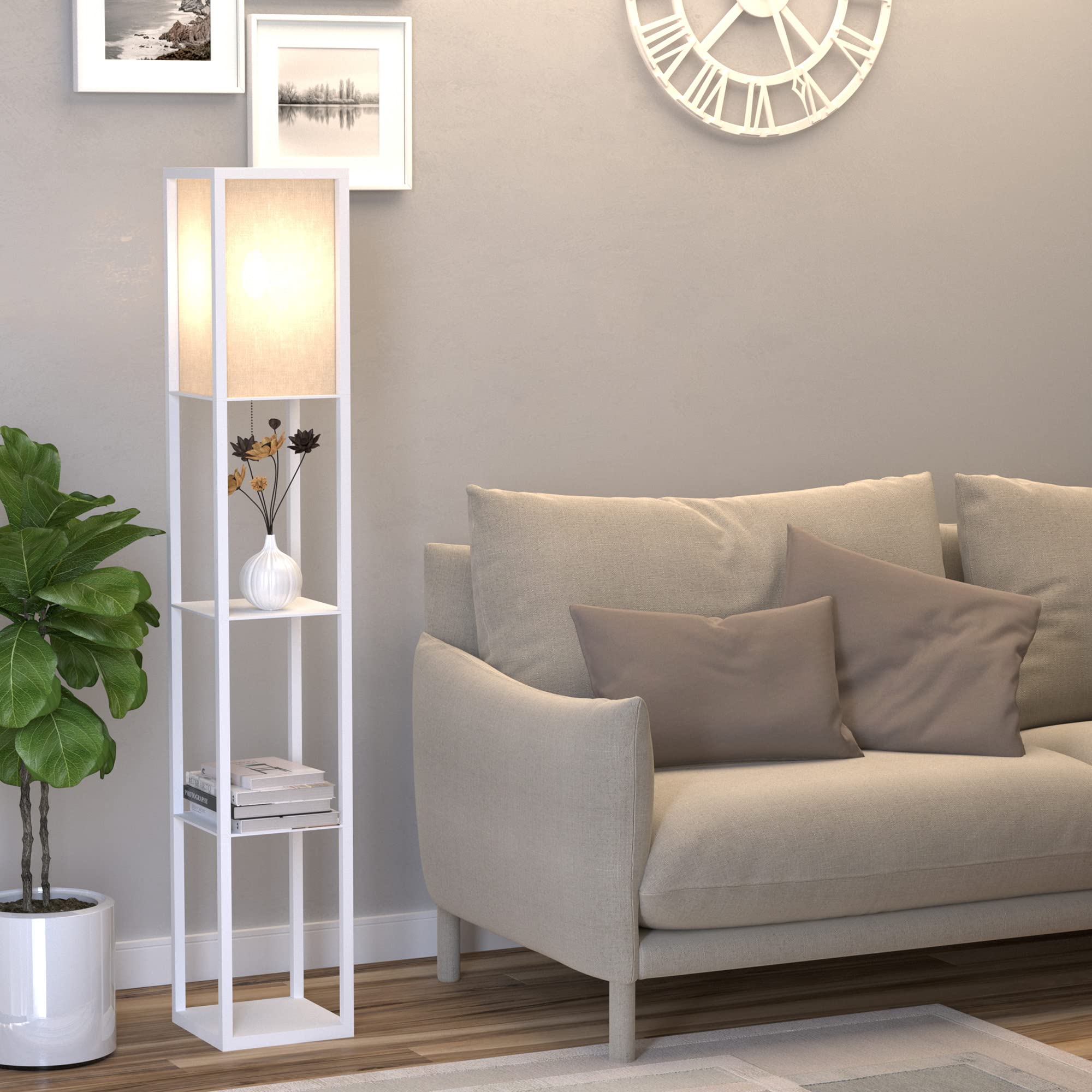 HOMCOM Lampada da Terra con 3 Mensole Integrate, Attacco E27 Potenza 40W, Arredamento Moderno in MDF, 26x26x160cm, Bianco