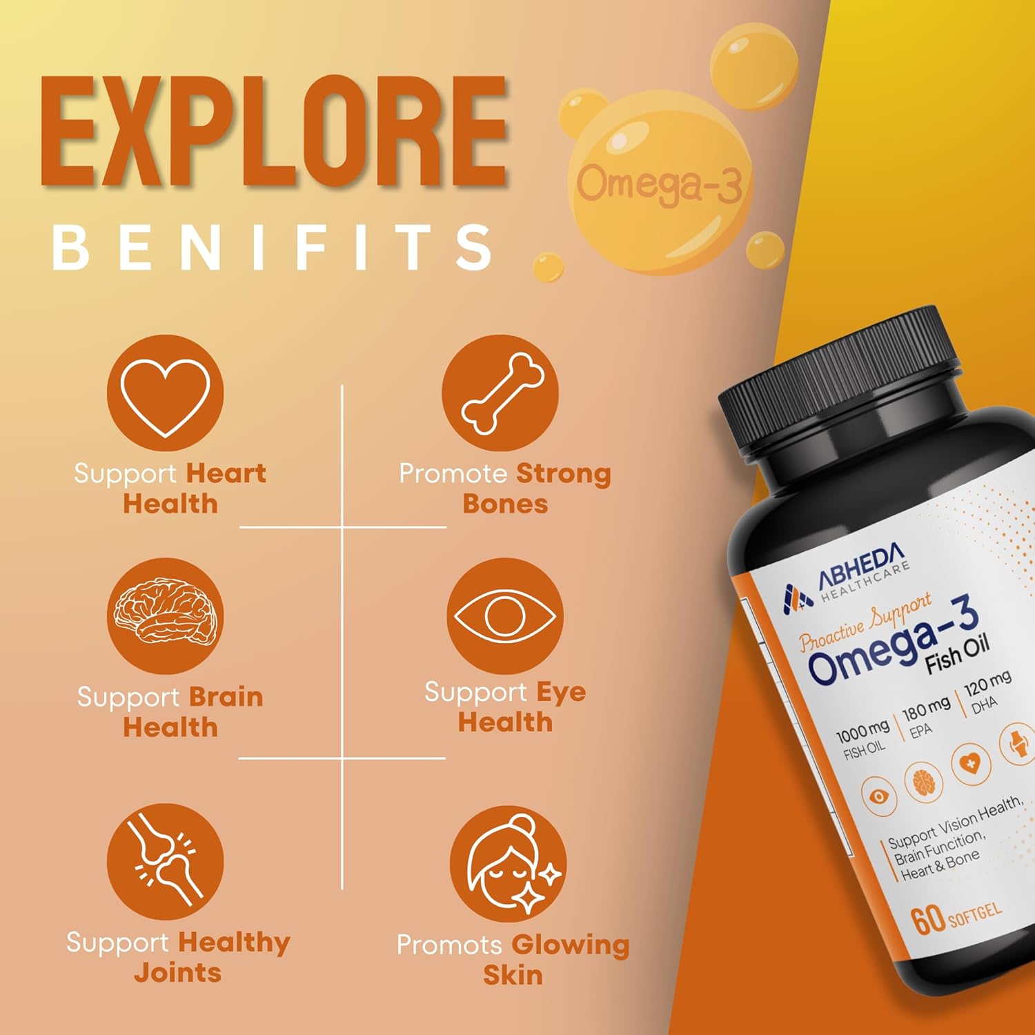 ABHEDA HEALTHCARE Omega-3 Fish Oil 1000mg - Triple Strength Formula, 60 Softgels - 180mg EPA & 120mg DHA for Enhanced Heart Health, Joint Support & Brain Function ABHEDA HEALTHCARE Omega-3 Fish Oil 1000mg - Triple Strength Formula, 60 Softgels - 180mg EPA & 120mg DHA for Enhanced Heart Health, Joint Support & Brain Function
