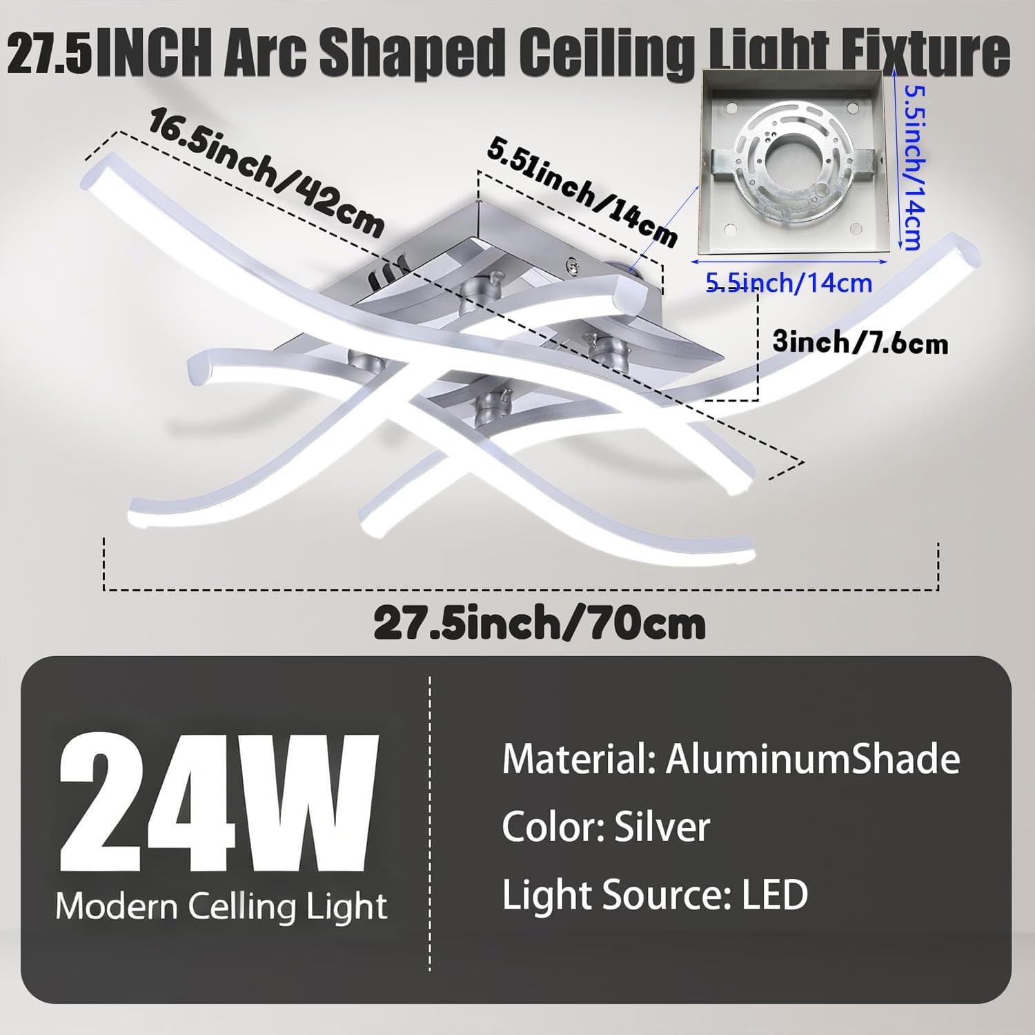 27.5 Inch Modern LED Ceiling Light Fixture, 24W Curved Wave Ceiling Lamp for Bedroom, Kitchen, Hallway, Foyer Library Dining Room Silver Modern Ceiling Light Fixture