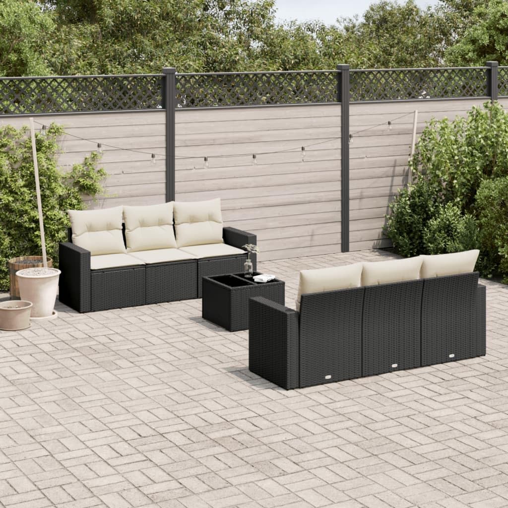 Ensemble de canapé de jardin 7 pièces avec coussins en polyrotin noir, modulable, extensible, résistant aux intempéries, imperméable, salon d'extérieur pour terrasse, balcon, véranda, piscine