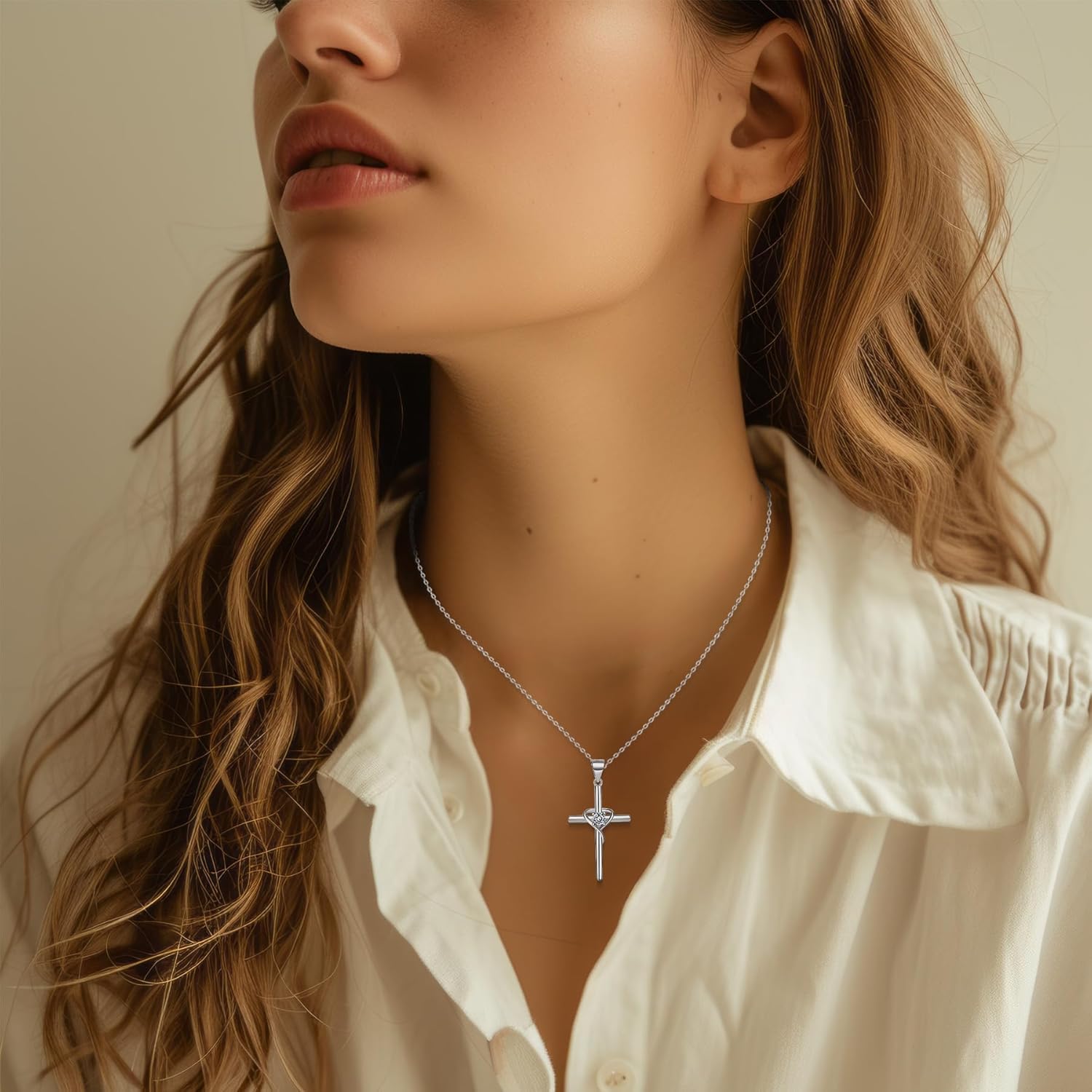 Cross Necklace for Women, 925 Sterling Silver Birthstone Necklace, 5A CZ Cross Heart Pendant with Adjustable Chain, 16+2 Inches - Image 2