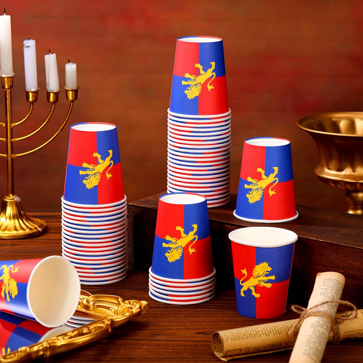 Qinyoung 50 Pcs Medieval Party Decorations 9 oz Disposable Medieval Cups Red and Blue Knight Paper Cups for Knight Greek Castle Theme Birthday Celebrations Renaissance Party Supplies
