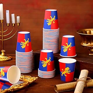 Qinyoung 50 Pcs Medieval Party Decorations 9 oz Disposable Medieval Cups Red and Blue Knight Paper Cups for Knight Greek Castle Theme Birthday Celebrations Renaissance Party Supplies