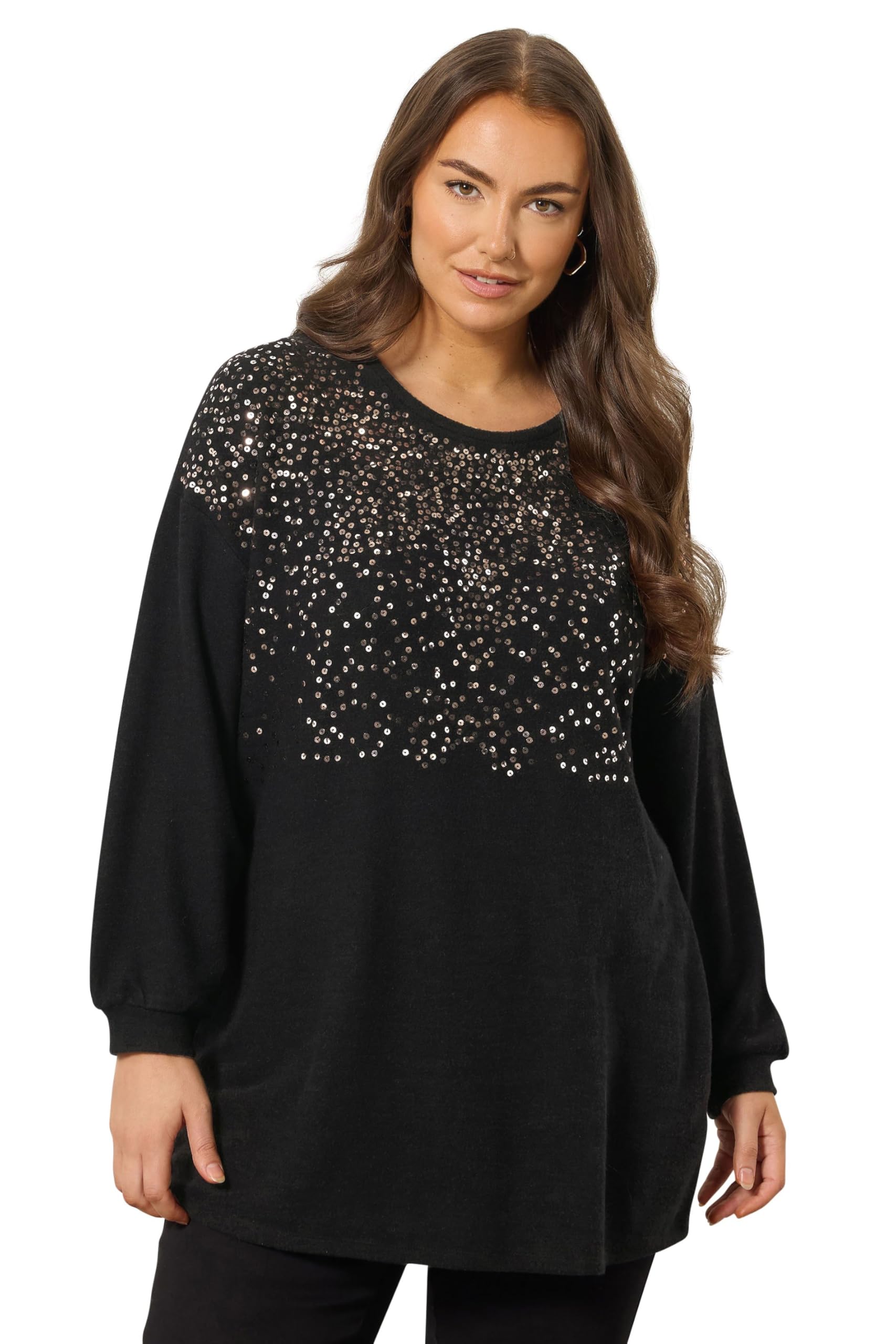 Evans Women's Black Curve Sequin Embellished Knitted Top - Plus Size Curve