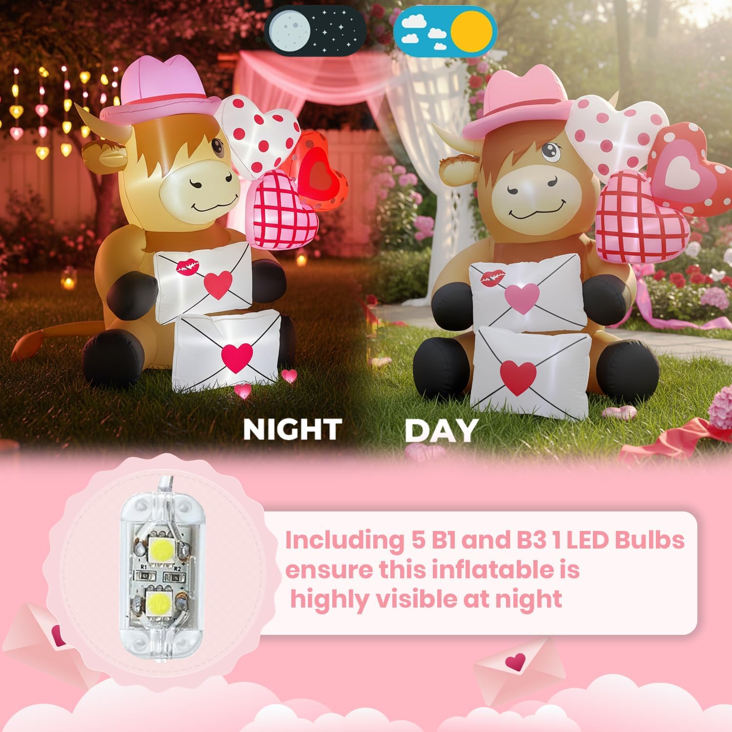 5FT Valentines Day Inflatables Highland Cow with Hearts and Love Letters, Romantic Blow Up Decorations, LED Lighted Outdoor Valentine Decor for Anniversary, Wedding, Party, Indoor Yard - Image 4