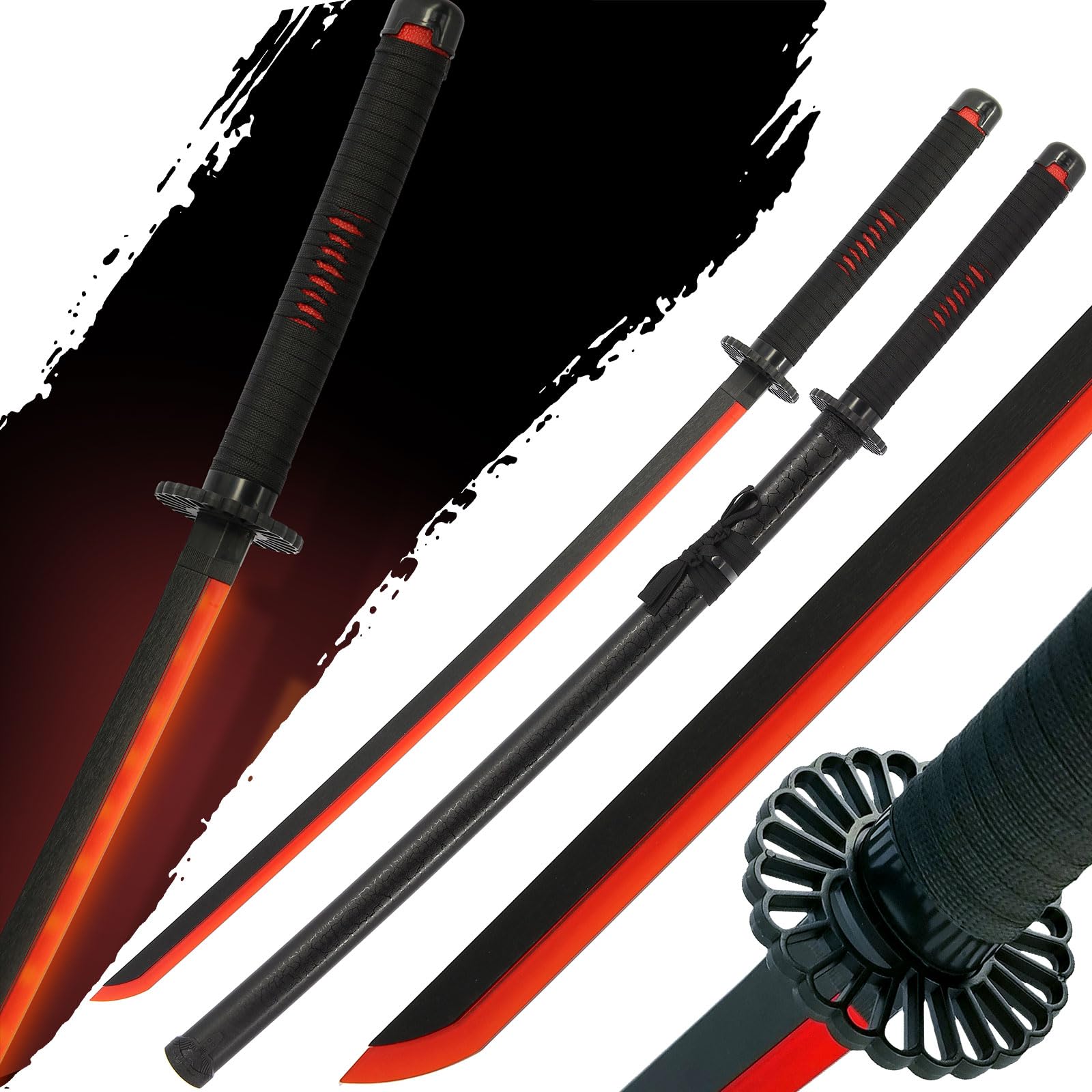 Anime Wood Bamboo Swords With LED Light-Up Blade Anime Replica Halloween Cosplay 104cm Blunt Prop (Ranji Black)