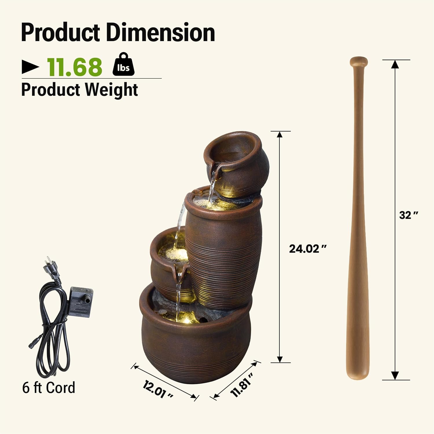 24-Inch Outdoor Water Fountain, 4-Tier Cascading Crocks Resin Garden Waterfall Fountain, with 3 Warm LED Lights, Home Art Decor for Patio, Backyard, Deck, Porch, Farmhouse or Lawn in Brown