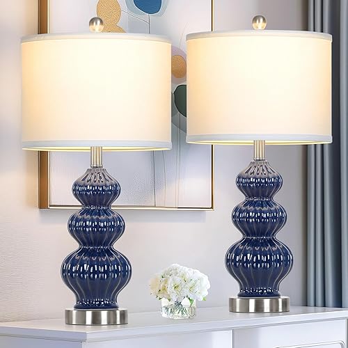Miniatura 7 de Juego de 2 lámparas de mesa de cerámica de triple calabaza, modernas lámparas de noche azules con interruptor giratorio, lámparas de mesita de noche