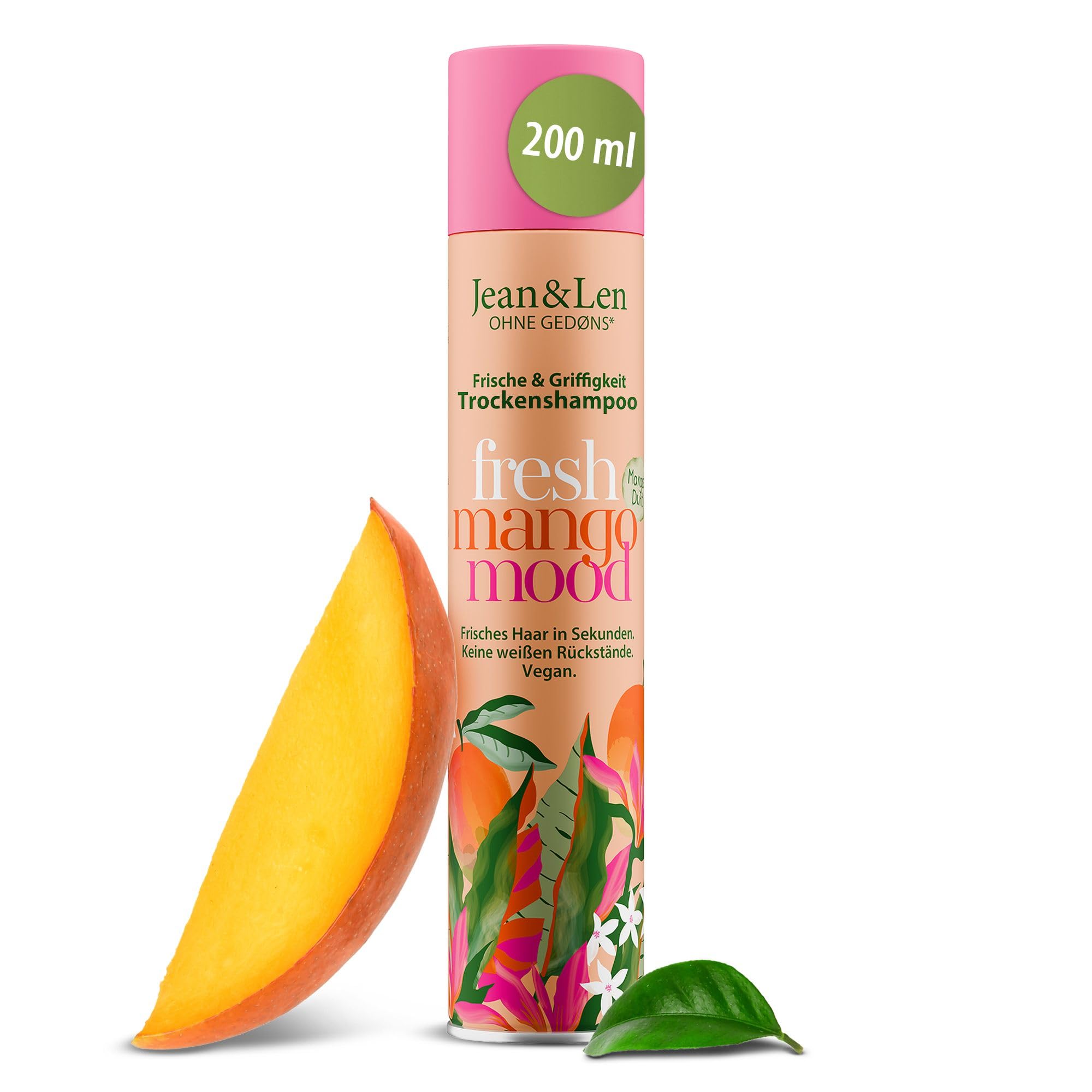 Jean & Len Trockenshampoo Frische & Griffigkeit, kein fettiger Ansatz, keine weißen Rückstände, duftet fruchtig frisch nach Mango, für alle Haartypen, ohne Parabene & Silikone, vegan, 200 ml