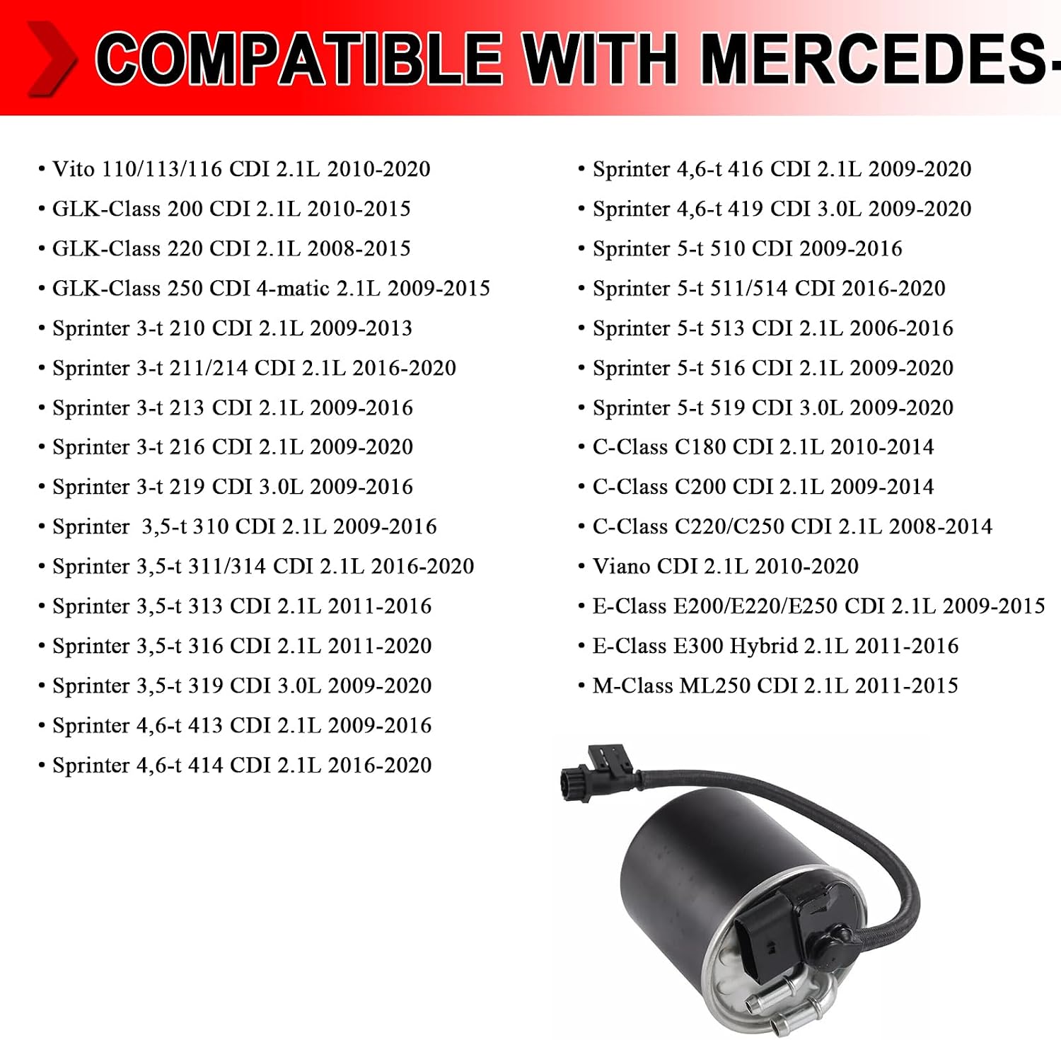 6510902952 Fuel Filter Replacement Fit for Mercedes Benz Sprinter GLK200 C180 C200 C220 E250 Diesel Engines, Replaces # WK82018, WK 820/18, 6510902952, Pack of 1