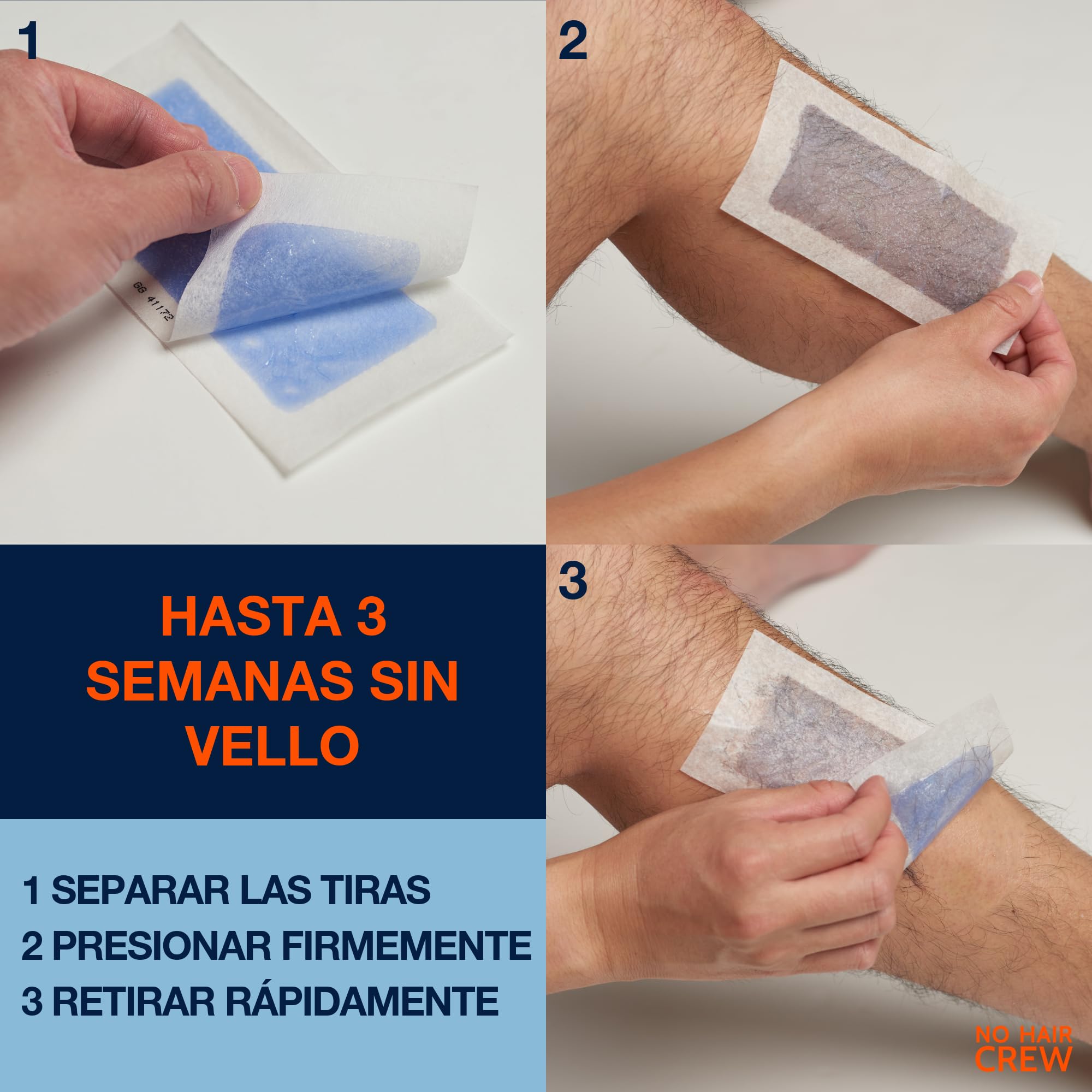 NO HAIR CREW 6x20 Bandas Depilatorias Hombre – Hasta 3 Semanas Sin Vello | Para pecho, espalda, brazos y piernas. Elimina el vello de raíz para una piel suave y un crecimiento más suave.