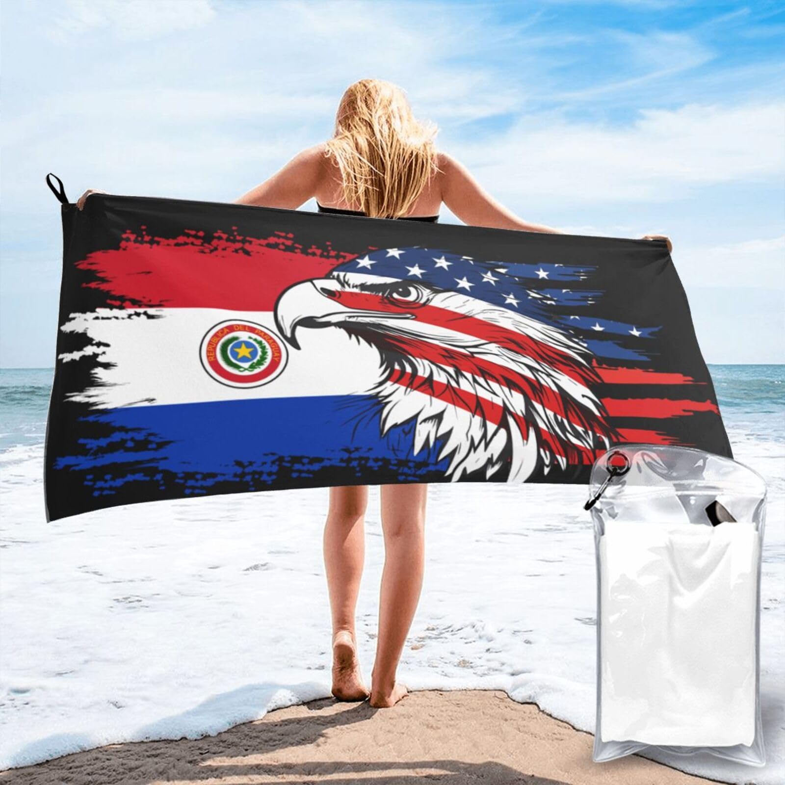HACXZ America Flag and Paraguay Paraguayan Flag Microfiber Beach Towel Lightweight Absorbent Travel Pool for Men Women 27.5"X55"