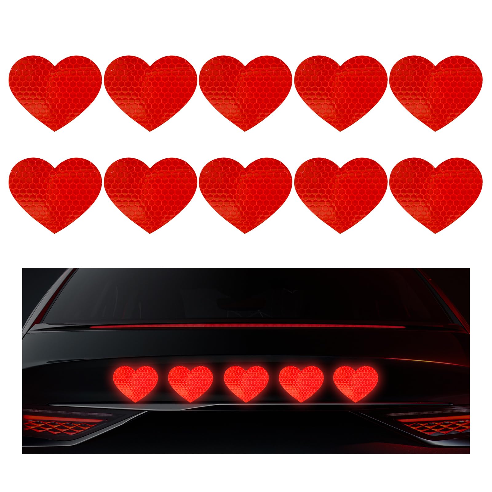 10PCS Vinyl Decal for Cars, High Intensity Reflective Sticker Night Safety Sign Bumper Decals, Waterproof Grid Vinyl Stickers Scratch Cover for Auto Window Laptop (Heart, Red)