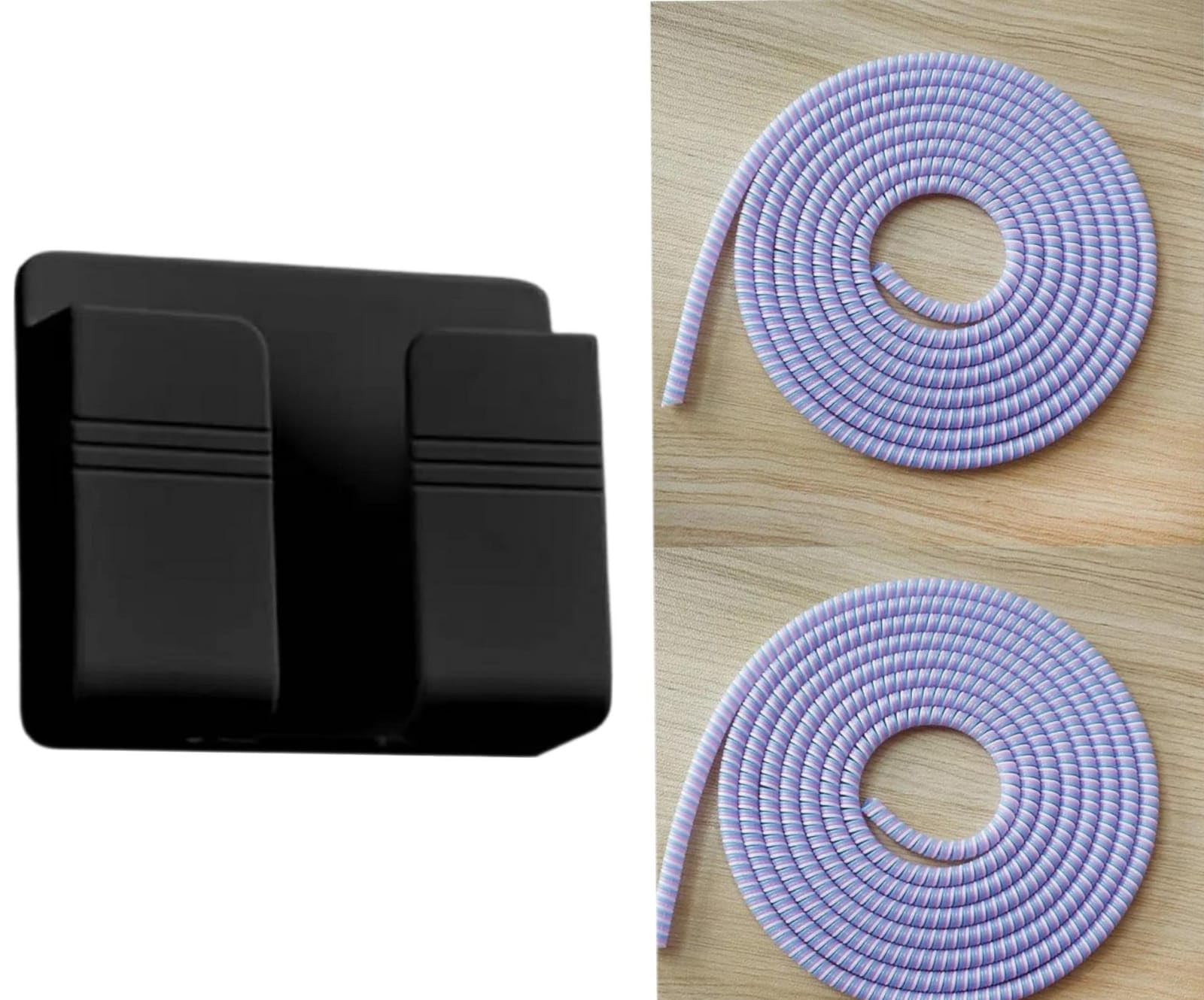 icall 2Pc Full Size 1.7 Meter Spiral Cable Protector Suitable for All iPhone/Android Mobile Charging Cables Lavender Color, & Mobile Holder for Wall Mount Mobile Holder Black
