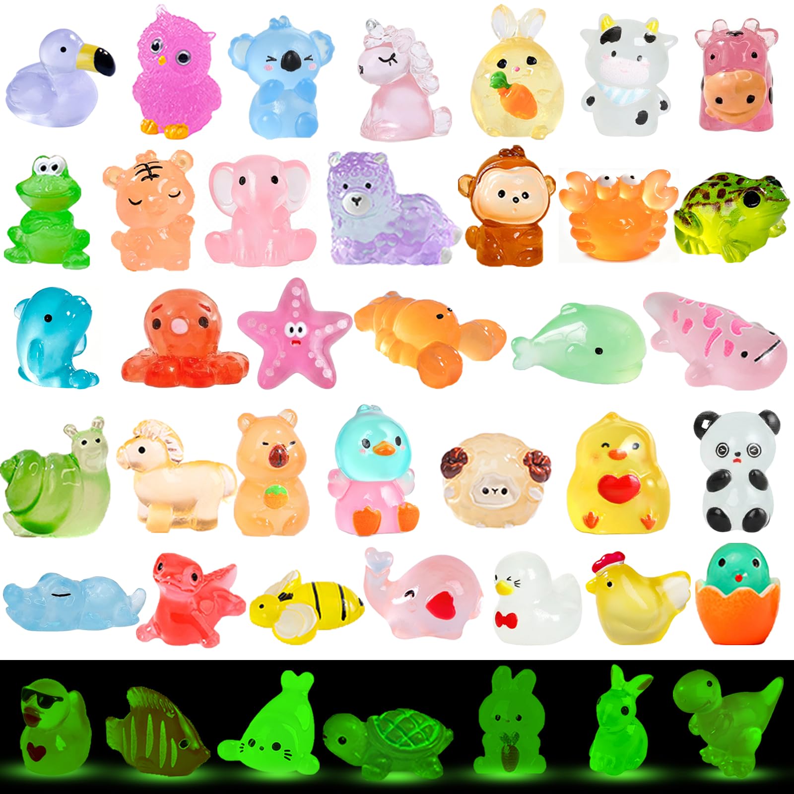 50Pcs Unique Mini Resin Animals Variety Pack, Glow in the Dark Miniature Figures Bulk, Small Luminous Animal Figurines for DIY Crafts Miniature Garden Aquarium Terrarium Office Home Decoration