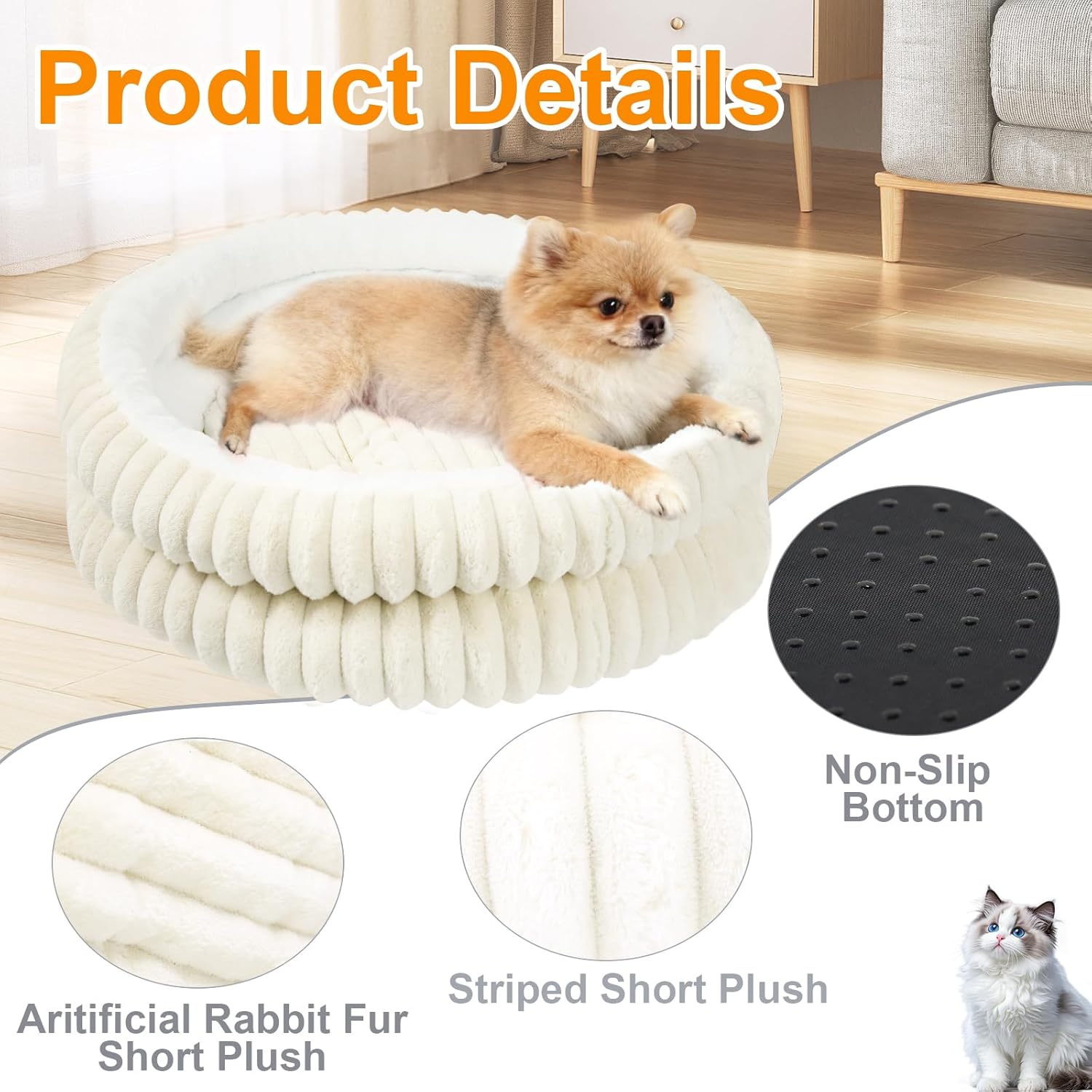Washable Round Donut Dog Bed,Cat Beds for Indoor Cats,Fluffy Puppy Dogs Beds for Small Dogs with Anti-Slip Bottom(White, Medium)
