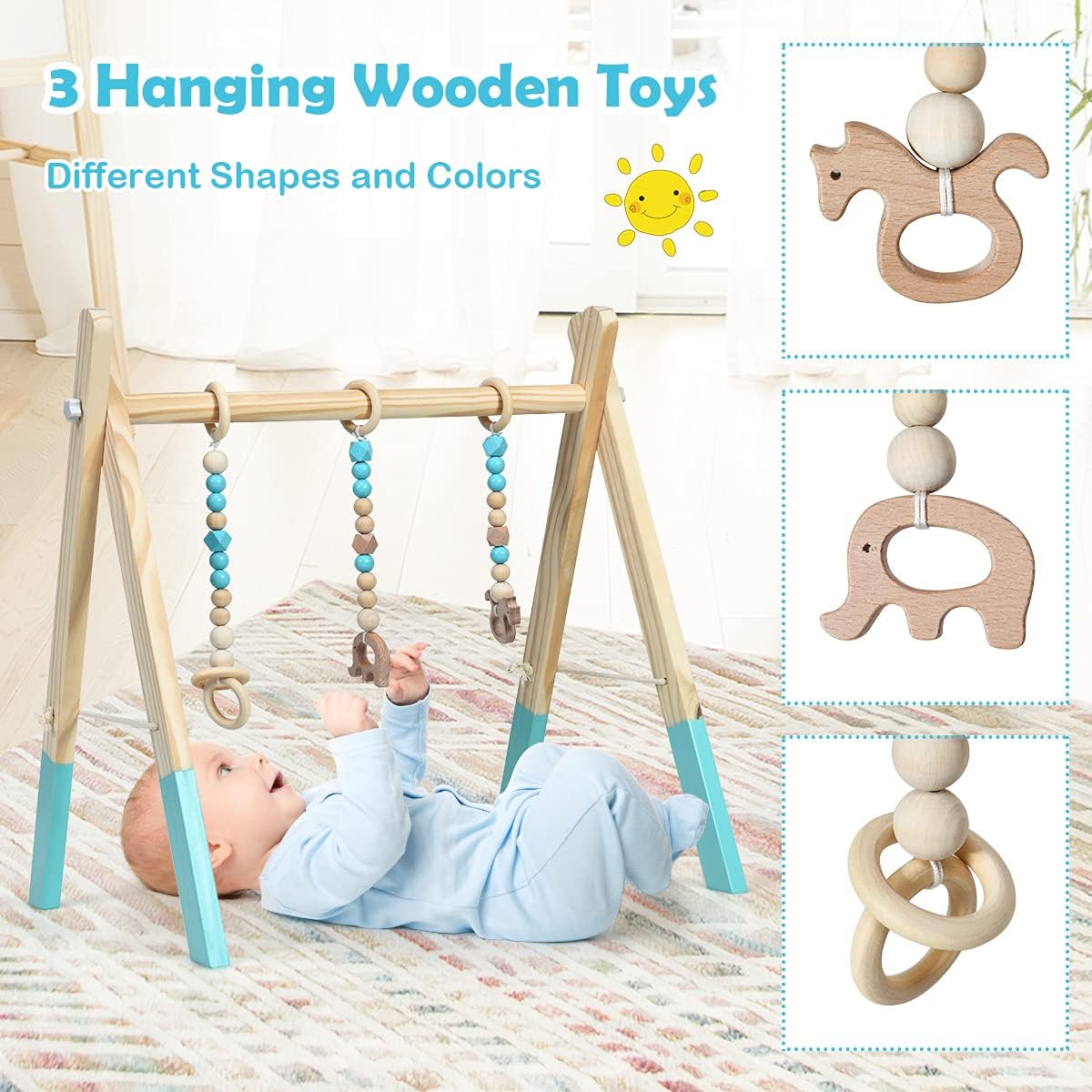 Maxmass Wooden Baby Gym, Foldable Infant Play Gym with 3 Hanging Toys