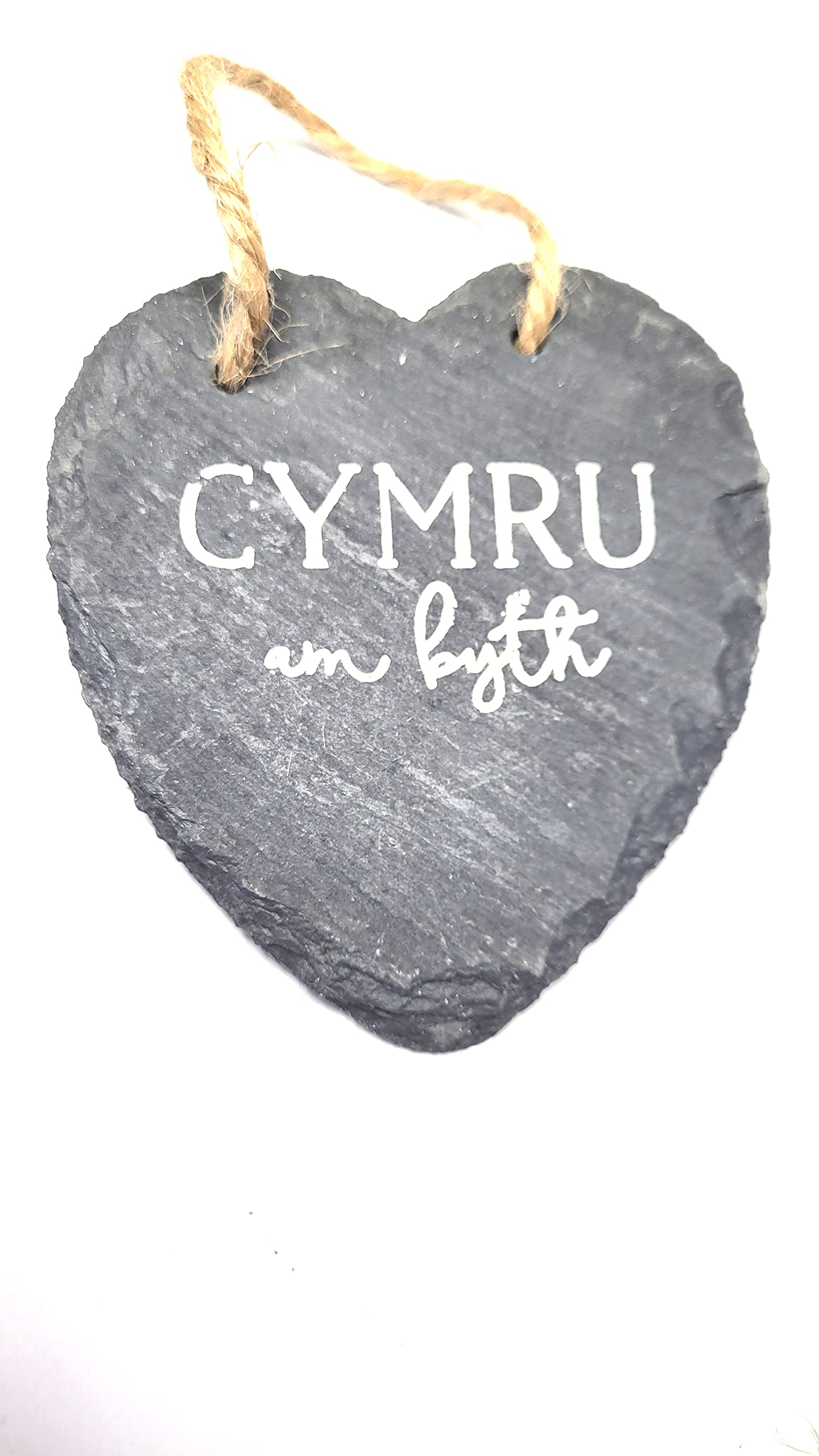 50000yr old slate from wales handmade into small heart shape with welsh wording cymru am byth on front.