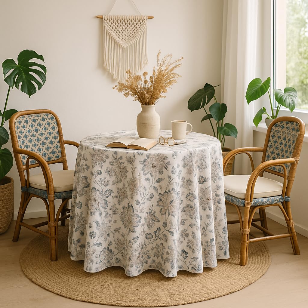 LaFábricadelasTelas - Falda o Ropa de Mesa Camilla Redonda Flores Jardin Color Gris y Beige, Fondo Crudo. Primavera Verano Loneta Estampada algodón, Faldón Faldilla enagüilla (70 Redonda)