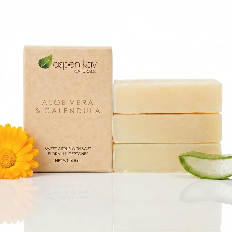 Sabonete em barra de Aloe Vera e Calêndula Aspen Kay Naturals, com cúrcuma e óleos vegetais, Pacote com 3