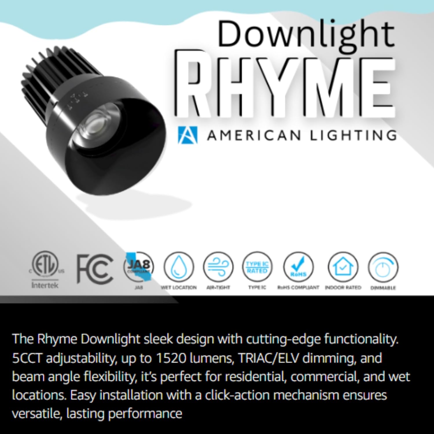 American Lighting Rhyme Downlight 3-Inch Adjustable Beam Angle, Round, Black Finish, Trim/Trimless Options, 5CCT, 1050 Lumens, Dimmable TRIAC/ELV, Easy Click-Action Installation, ETLus Listed