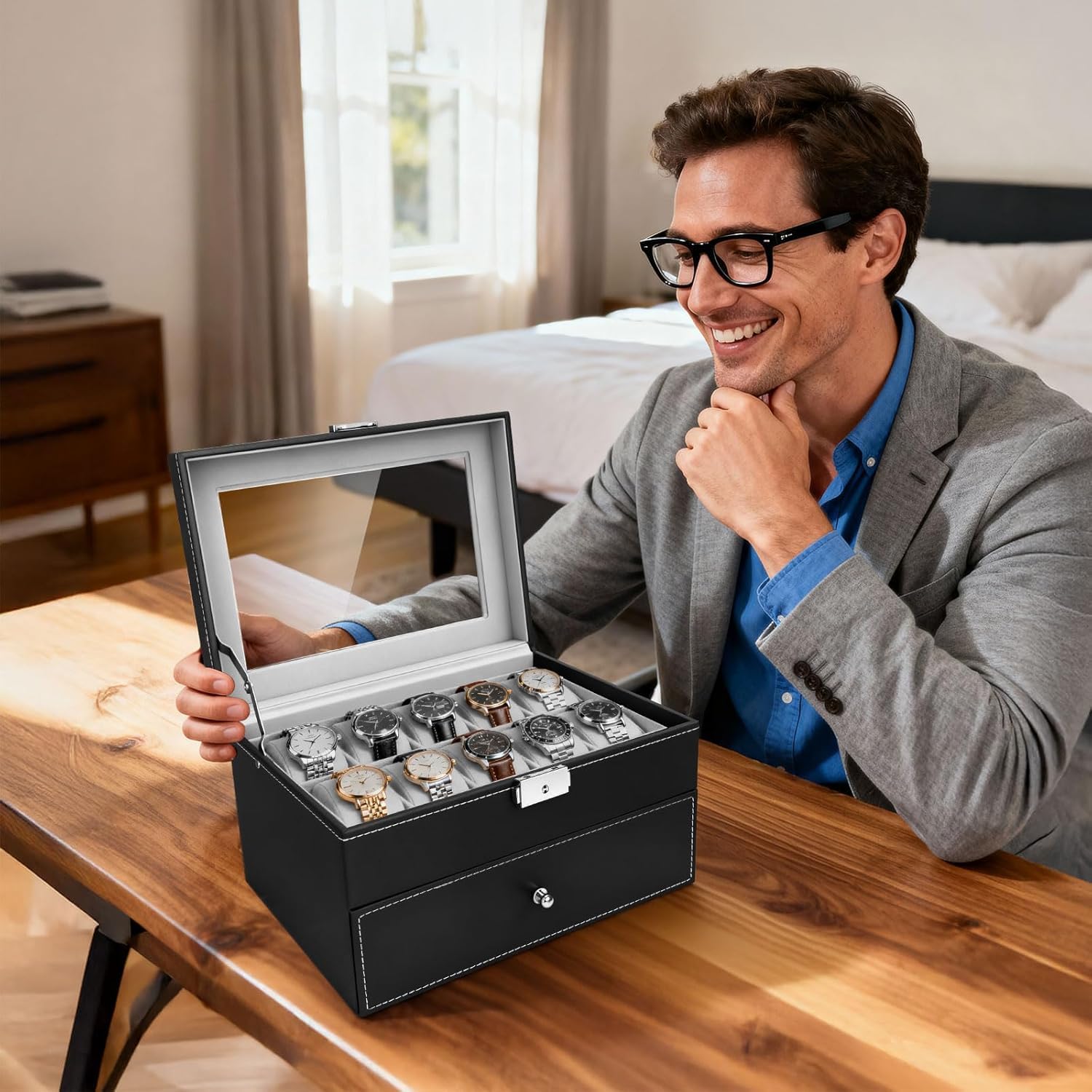 Caja de Relojes con Dos Capas, Estuche Relojero Organizador, Tapa de Cristal, PU Negro