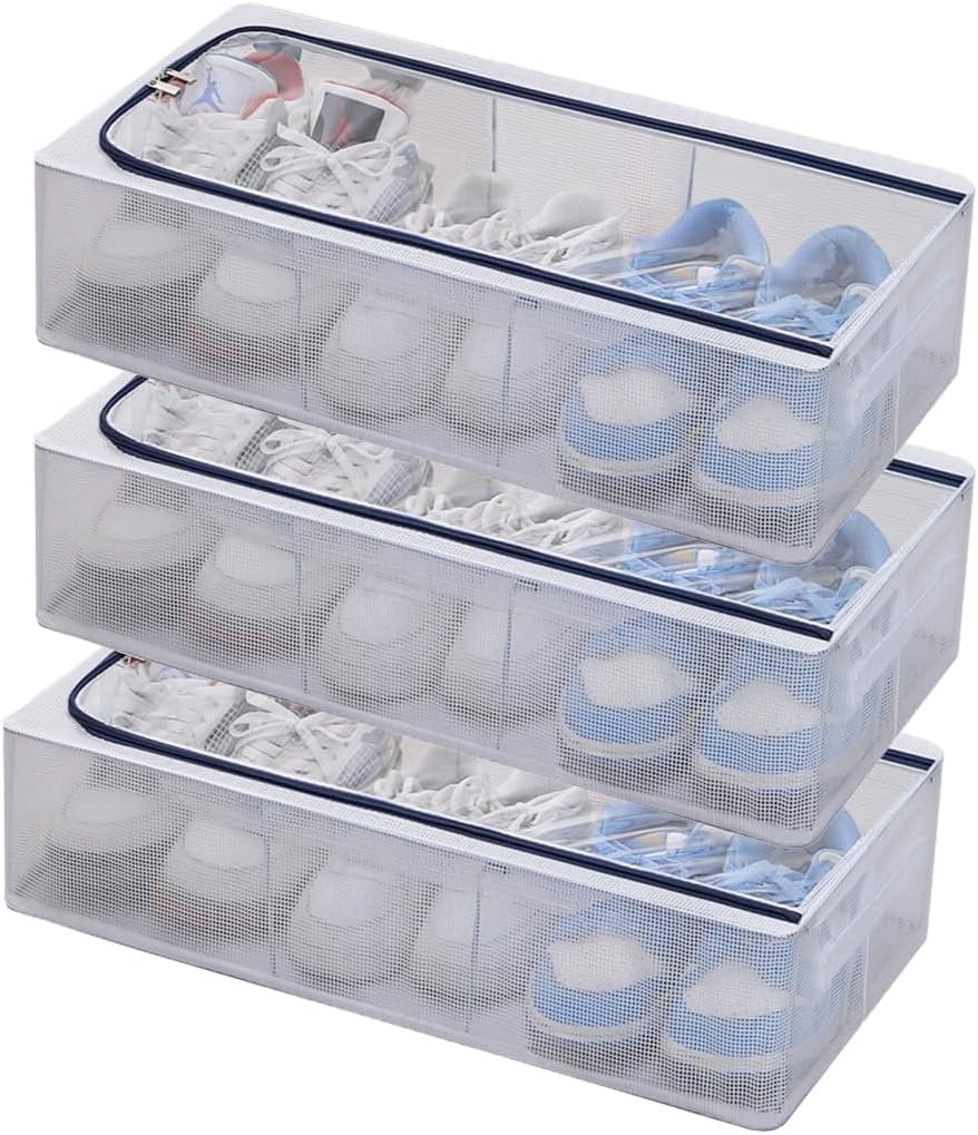Clear Under Bed Shoe Storage Organizer Foldable Shoes Containers Boxes with Clear Window and Sturdy Handles Transparent Underbed Shoe Storage Boxes Bins with Zipper Set of 3 Two Windows