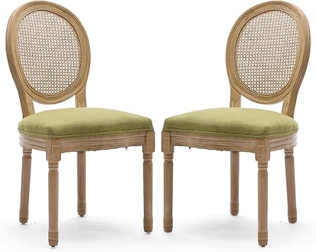 French Country Dining Chairs, Olive Green Rattan, Set of 2