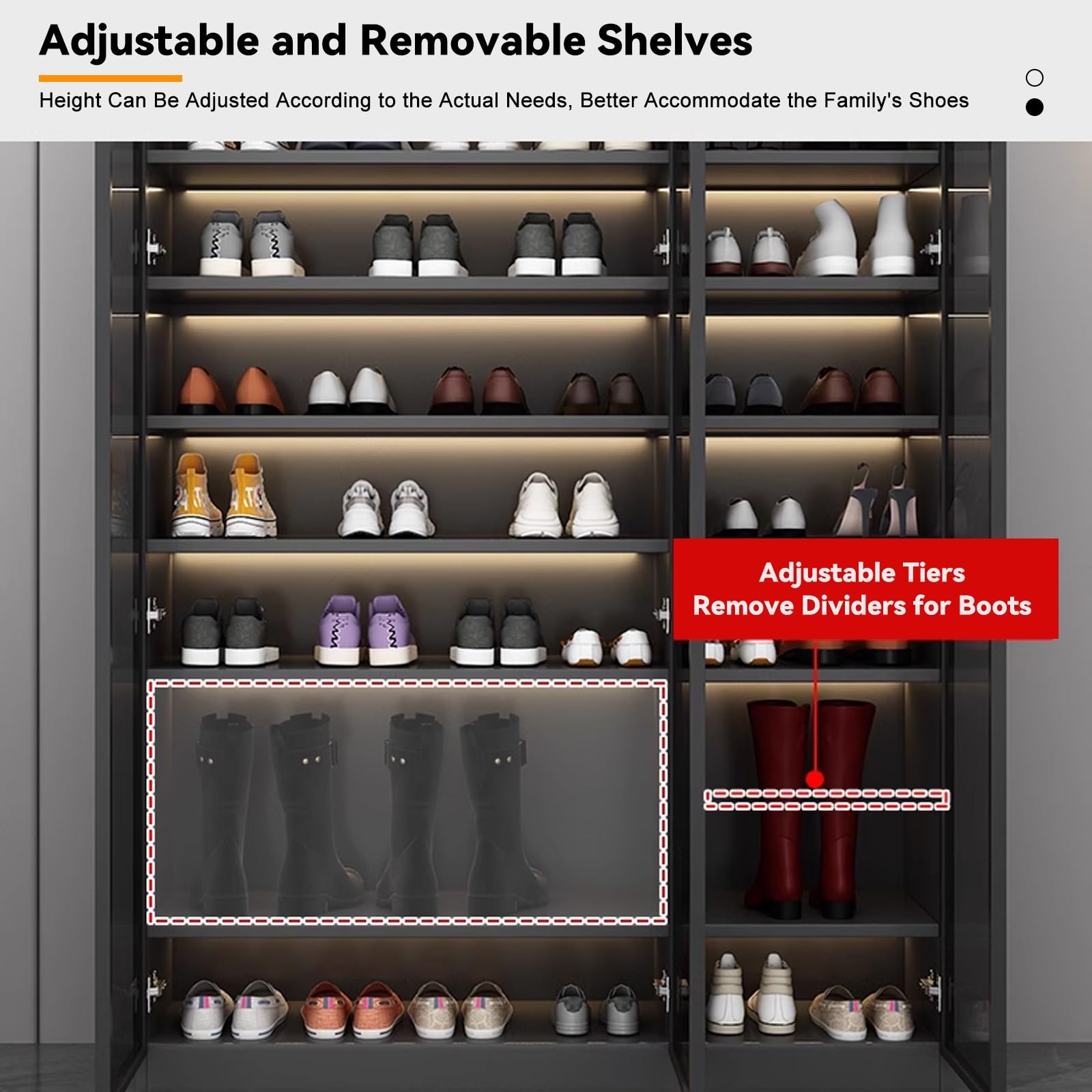 Armadietto per Scarpe con Ante in Vetro, Scaffale per Scarpe 6 Ripiani, Organizzatore per Ingresso con Ripiani Regolabili, Scarpiera Ingresso Nera per Corridoio E Garage(24Lx71H in/61X180cm)
