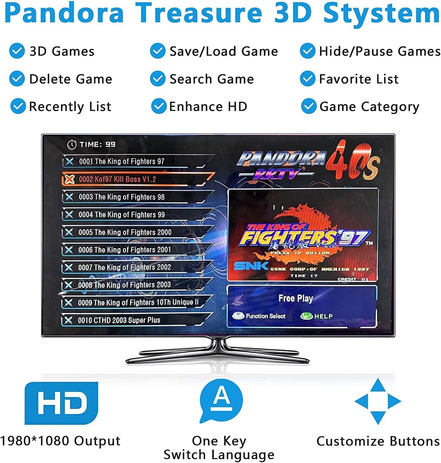 31900 Giochi in 1 Pandora's Box Arcade, 3D Arcade Game Console con 2 Joystick, 1280x720 Full HD, VGA, HDMI, Supporto Ricerca/Salva/Nascondi/Pausa Gioco fino a 4 Giocatori