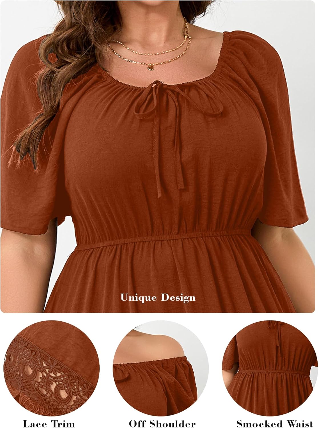 RWJ Women's Plus Size Maxi Dress Short Sleeve Square Neck Flowy A-Line Lace Trim Flutter Party Casual Off Shoulder Dresses - Image 5