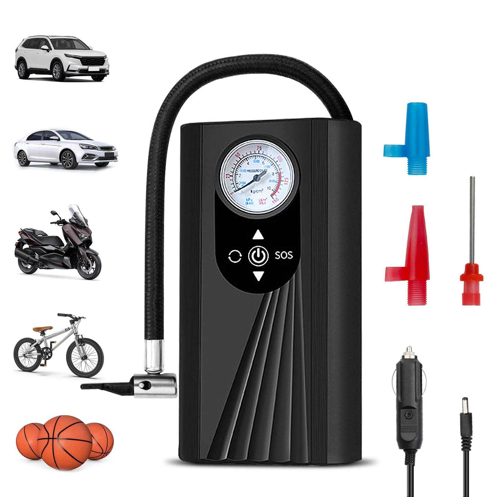 Gonfleur Pneus Voiture, Compresor de Aire Portátil avec Manomètre, Compresseur à Air Portatif, Compresseur Voiture Gonfleur Pneus, pour Voiture, Vélo, Moto, Scoote, Balle