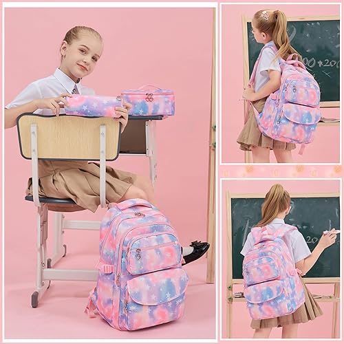 Miniatura 2 de Juego de mochila para niños de 3 piezas para niñas escolares con bolsa de almuerzo a juego, 3 piezas-Rosado, Star Print-sin cargador USB