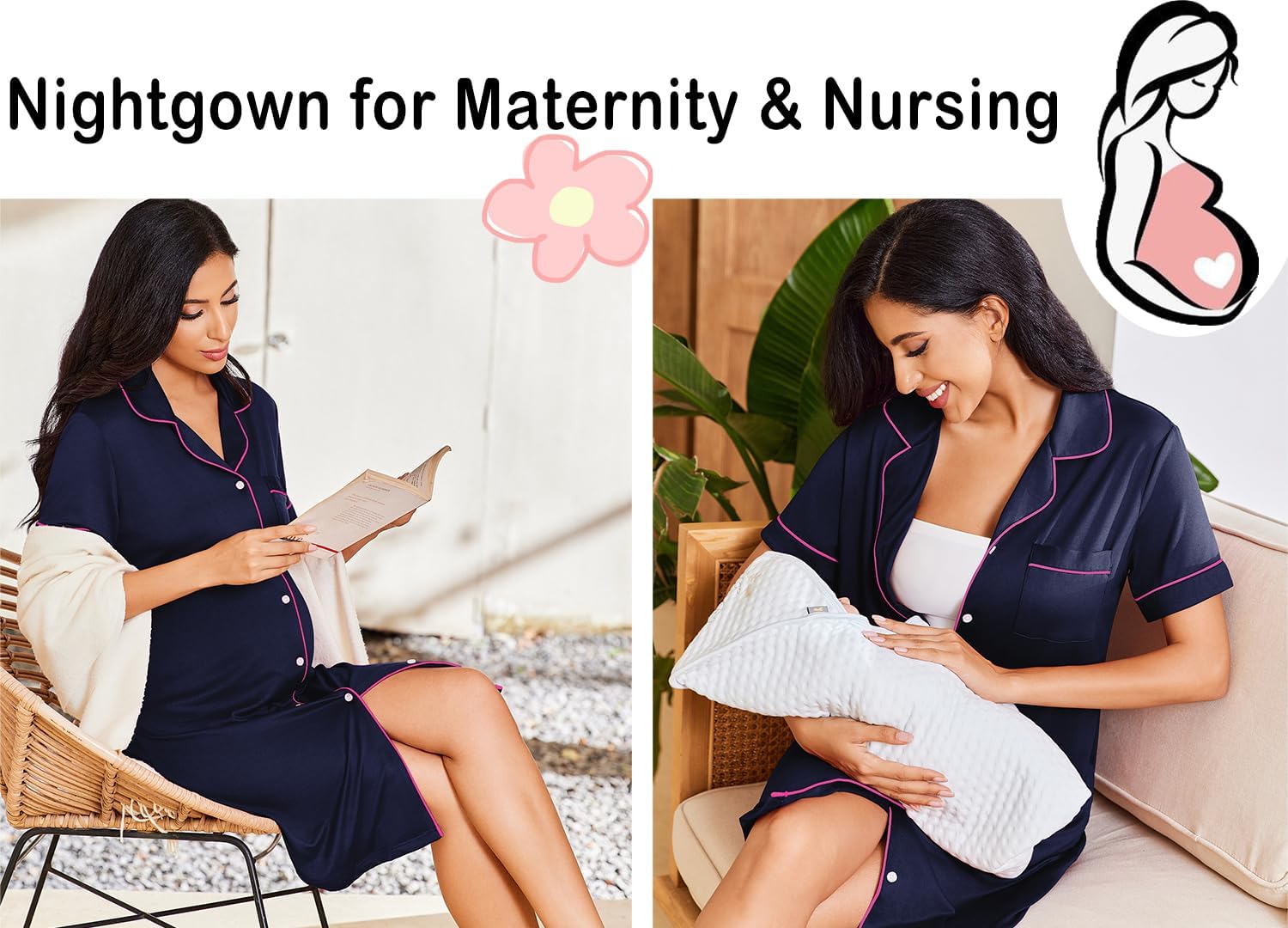 Ekouaer Nightgowns for Women Button Down Sleepshirt Short Sleeve Nightshirt Boyfriend Pajamas V Neck Nightdress S-XXXL - Image 4