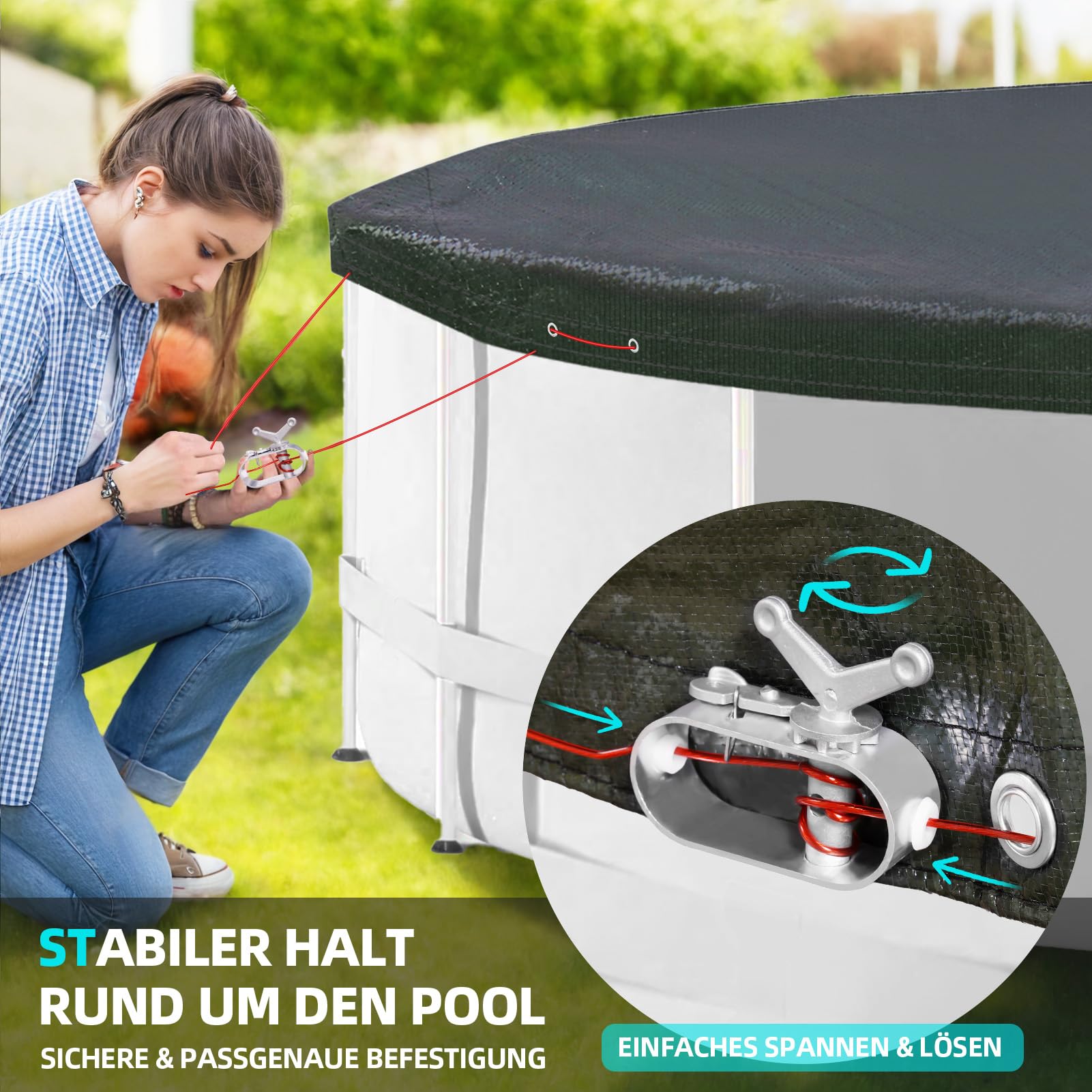 Poolabdeckung Rund für 400-440 cm Pools, Planenmaß Ø 460 cm, Schwarz, Sommer & Winter Poolplane, 100g/m² PE Zweifach Beschichtete Abdeckung mit Kordelzug, Abdeckplane Pool mit UV-Schutz