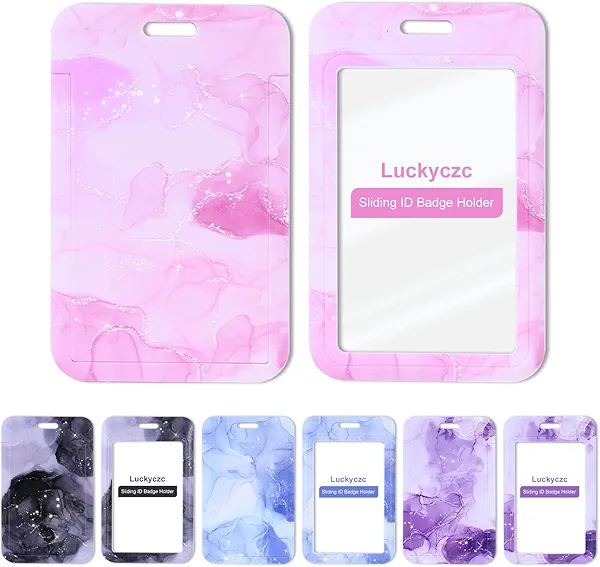 2 Pcs Vertical ID Badge Holder,Key Card Holder Sliding Hard Plastic Badge Protector Cover Sleeve Case for Work School Nurse Proximity Key Passes (Pink Marble, 2 Pcs)