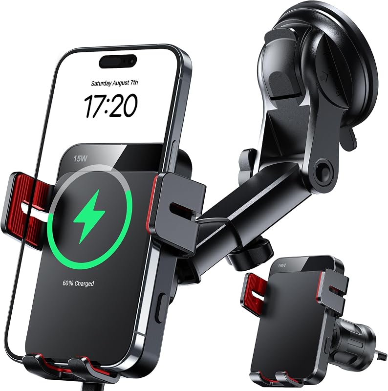 Carregador sem fio veicular 15 W MOKPR com suporte de fixação automática, ventosa e clipe para saída de ar