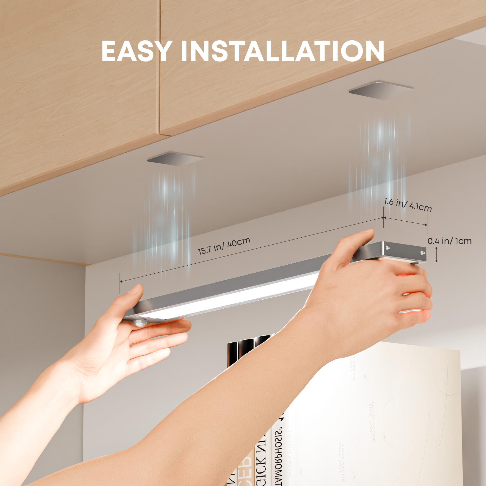 LROLTEF Under Cabinet Kitchen Lights Motion Sensor Dimmable 40cm 2200mAh 6500K LED Under Counter USB-C Rechargeable Wardrobe Sensor Indoor Night Lights for Kitchen Shelf Stairs Closet 2 Pack - Image 3