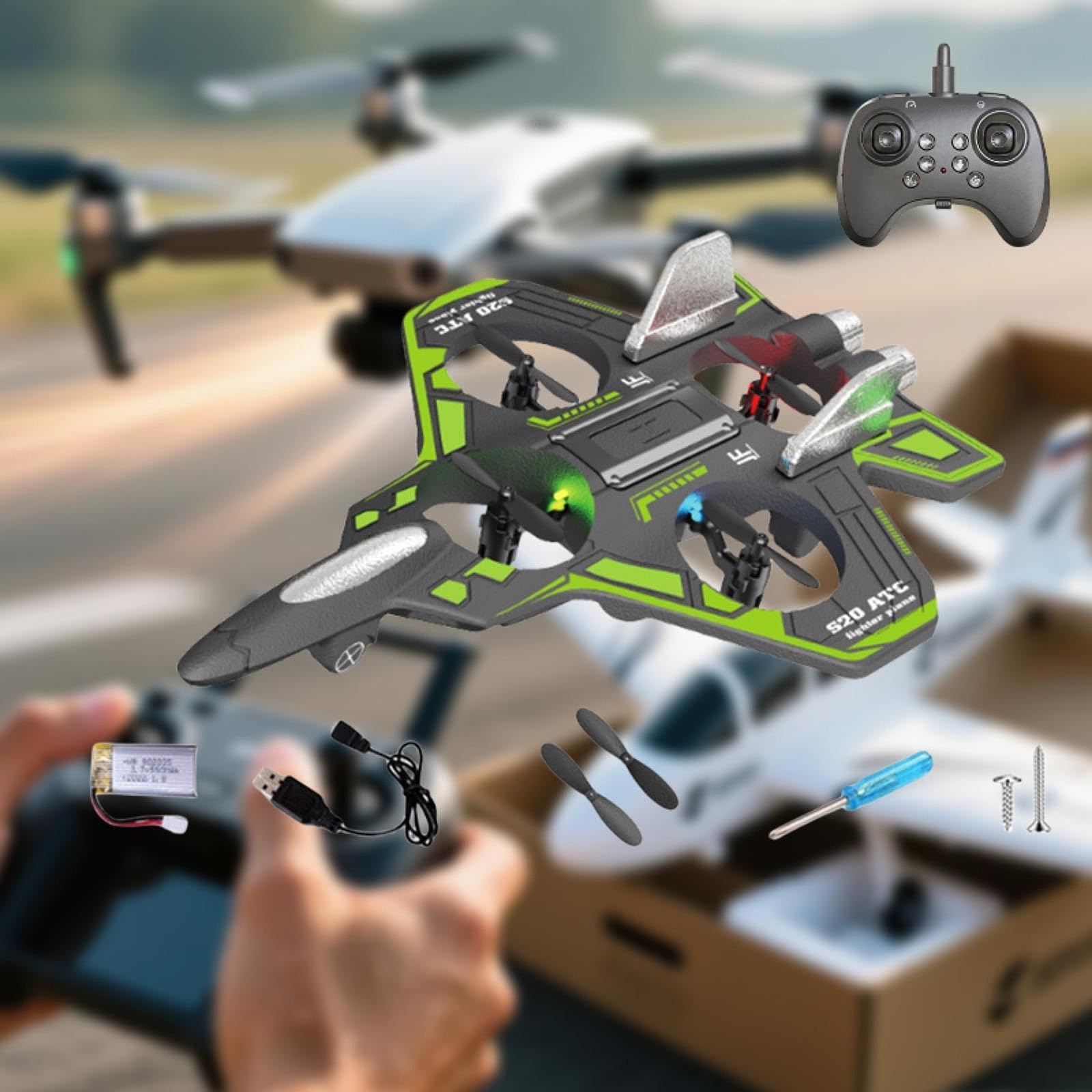 Aereo RC in Schiuma con Telecomando, Aeroplano con Rotazione a 360°, Giocattolo Volante per Esterni, Aereo RC da Combattimento con Luce per Bambini e, Verde 1 Batteria 300