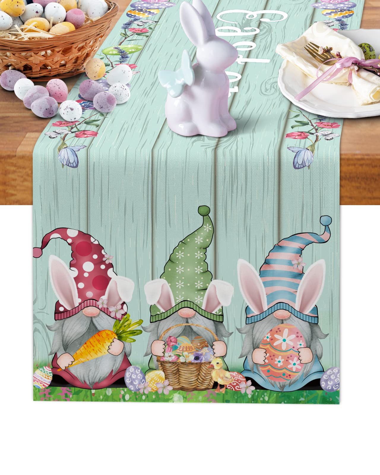 Easter Gnomes Table Runners 13x70inch, Basket Bunny Eggs, Spring Cotton Linen Table Runner Cloth Dresser Scarves, Farmhouse Easter Decorations for