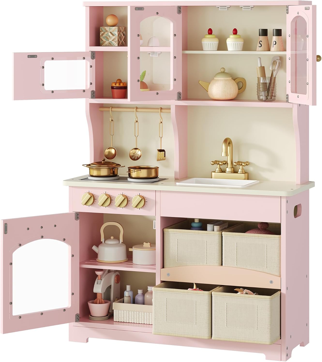 knoworld Play Kitchen for Kids, Wooden Toy Kitchen Set with Smart Storage & Accessories, Toddler Kitchen Playset with Stove & Oven, Pretend Play Set, Gift for Ages 3+, Pink
